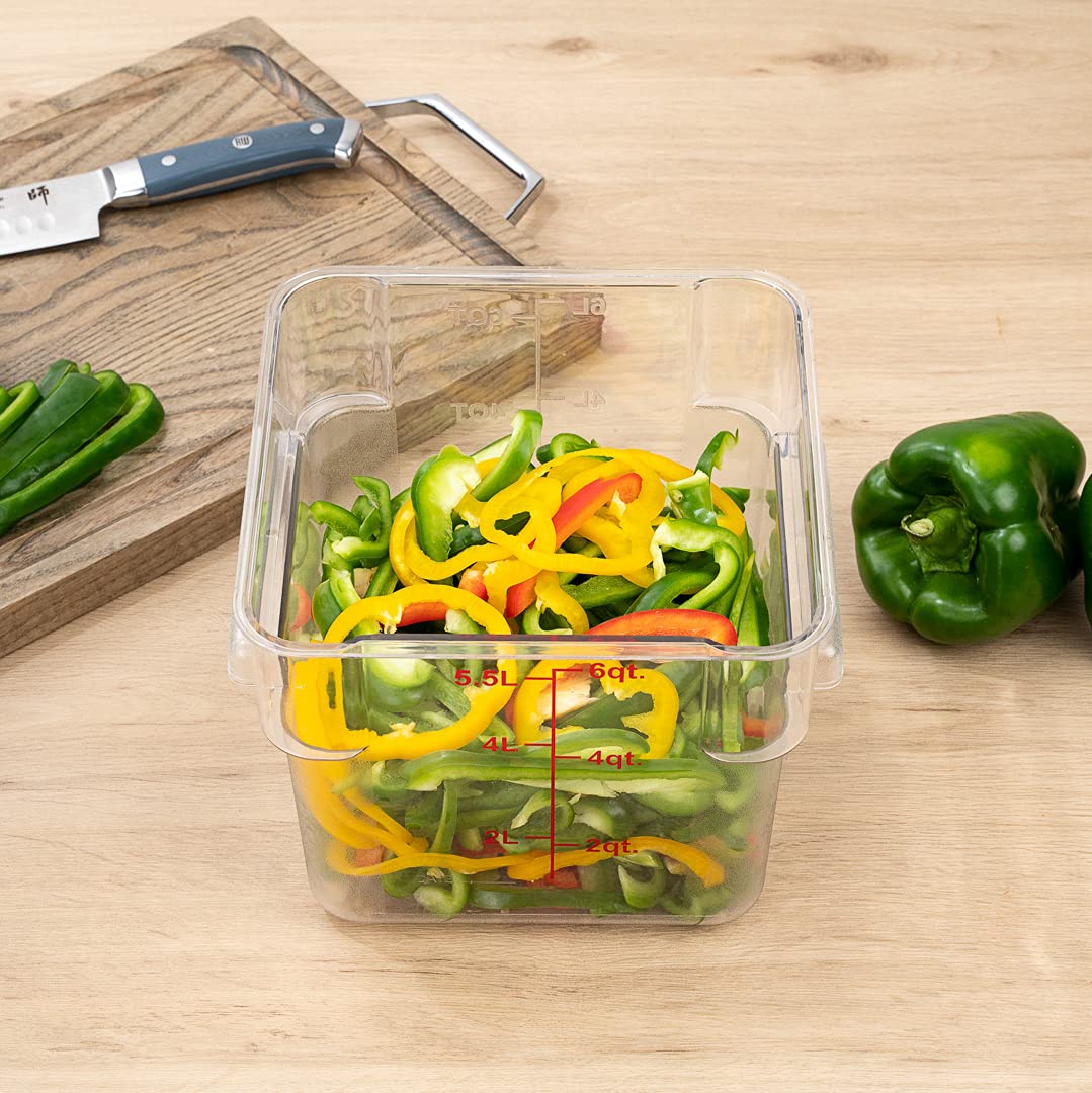 Restaurantware Met Lux 6 Quart Brine Buckets - 10 Pack Square Marinating Containers with Volume Markers & Built-In Handles | Clear & Red Plastic Dough Rising Buckets | Freezer-Safe (Lids Sold Separately) | Perfect for Commercial Kitchens, Bakeries & Food Prep