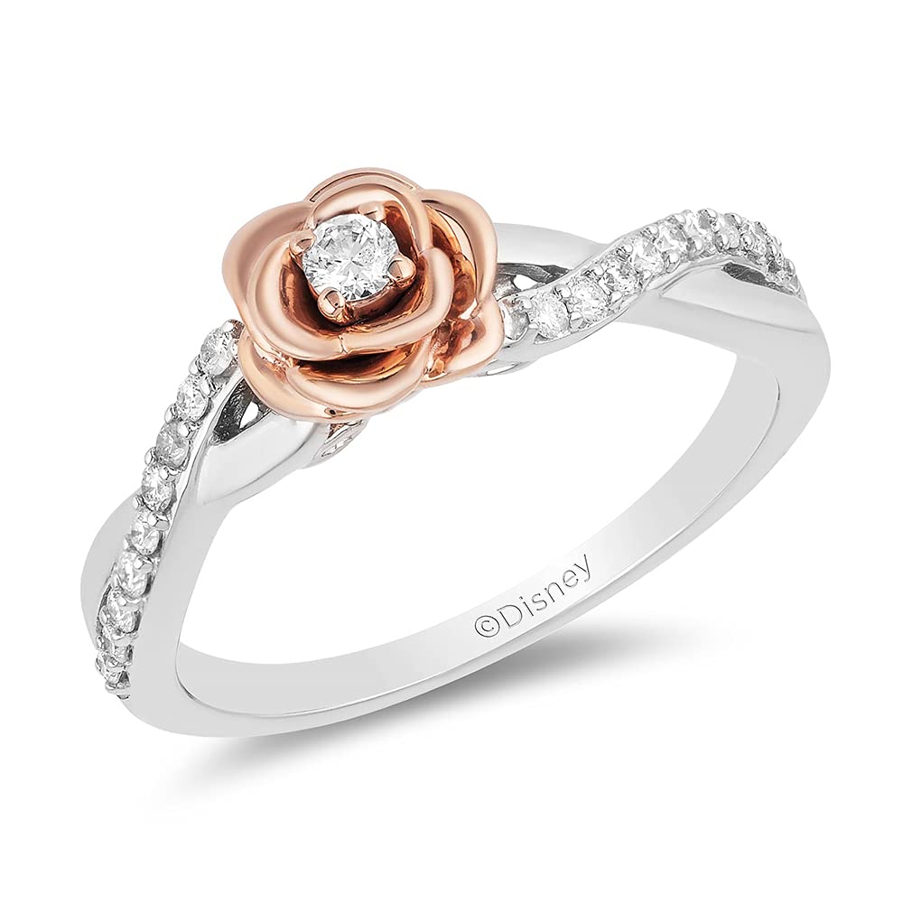 Enchanted Disney Belle Rose Ring - Sterling Silver & 10K Rose Gold with 1/5 Cttw Diamonds | Fine Jewelry for Women | Perfect Gift for Disney Fans, Brides & Princess Lovers