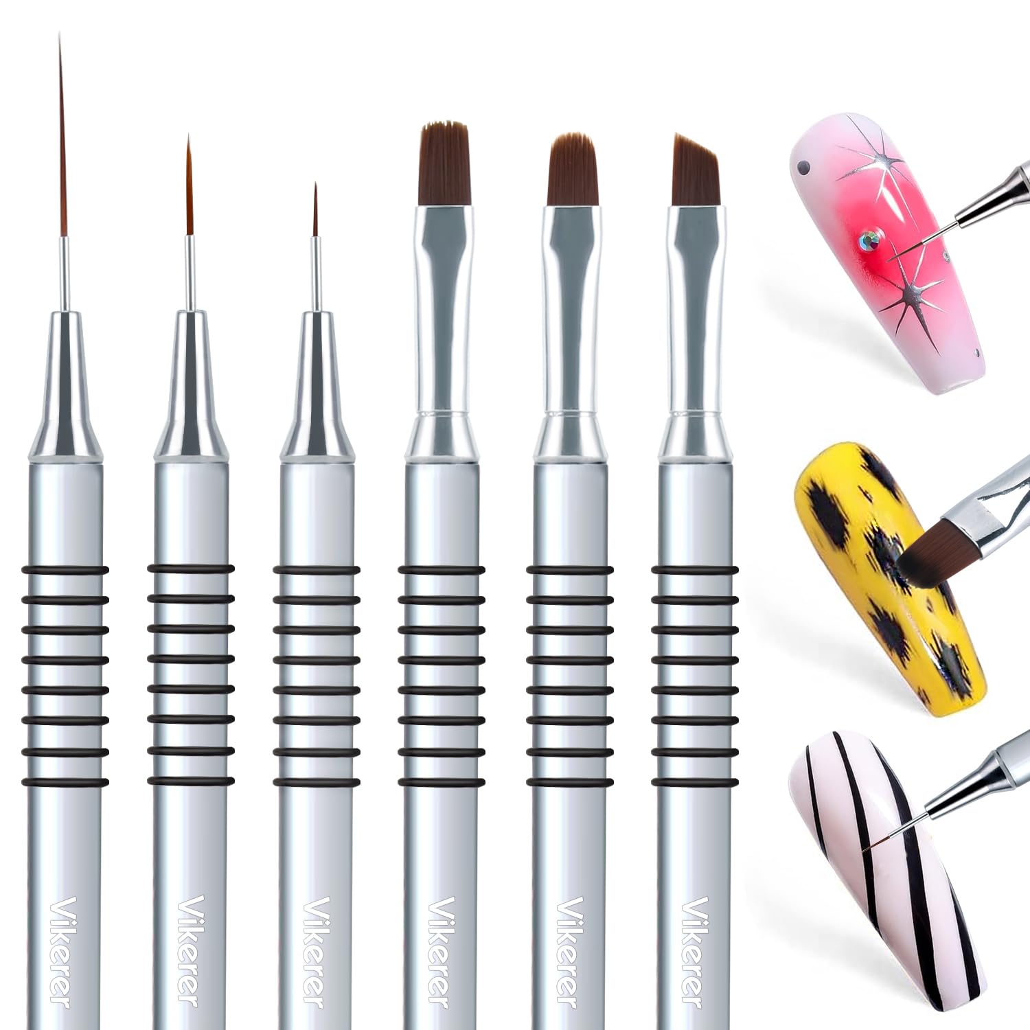 6Pcs Professional Nail Art Liner Brushes Set with 3Pcs Clean Up Brushes - Flat, Oval & Fine Angled Gel Nail Brushes for Acrylic, Gel Polish & Nail Art Design - Perfect for Salon, Home Manicure & Detailed Nail Painting (Silver)