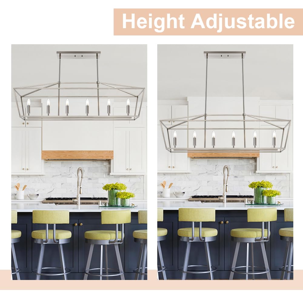 6-Lights Kitchen Island Pendant Lighting Fixture - Brushed Nickel Farmhouse Linear Chandelier with E12 Bulb Base - Perfect for Dining Room, Living Room, Pool Table and Modern Home Decor