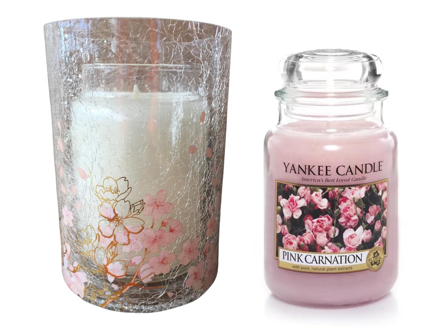 Yankee Candle Pink Carnation Large Jar Candle with Cherry Blossom Clear Crackle Holder - 2 Piece Scented Candle Set for Home Decor, Romantic Gifts & Relaxation