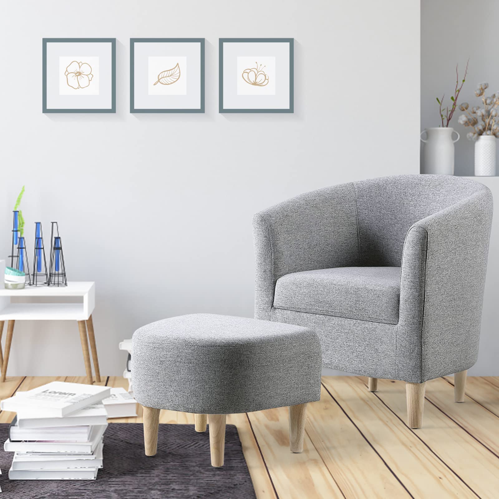 Modern Accent Chair with Ottoman Set of 2 - Upholstered Barrel Club Armchair & Footrest - Gray Fabric Living Room Furniture for Small Spaces, Bedroom, Apartment & Office - Perfect for Reading Nook, Lounge Area or Guest Seating