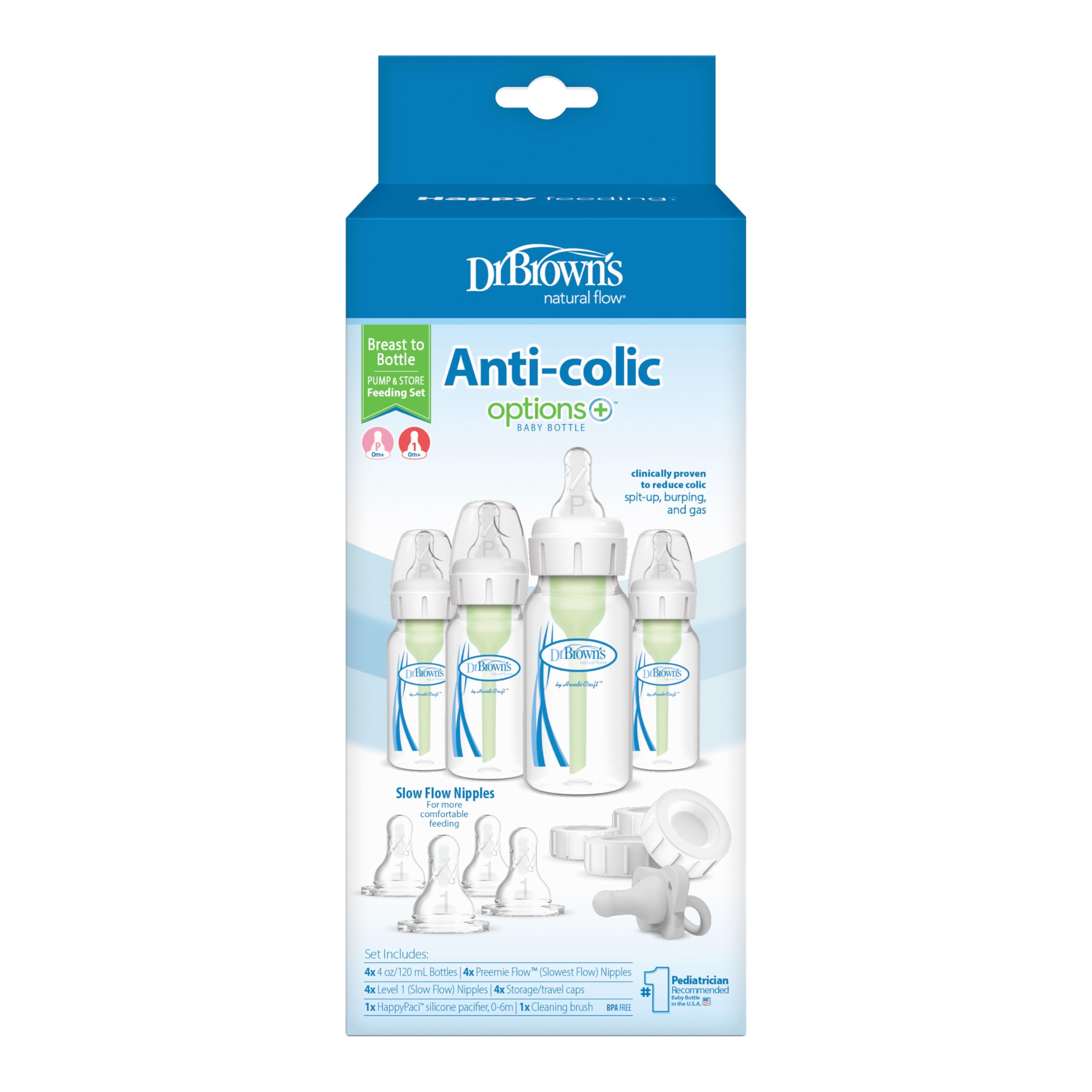 Dr. Brown's Options+ Anti-Colic Baby Bottle Set - 4oz Slow Flow Newborn Bottles with HappyPaci & Natural Flow Nipples - Pink Gift Set for Breastfed Babies | Perfect for Feeding, Travel & Reducing Colic
