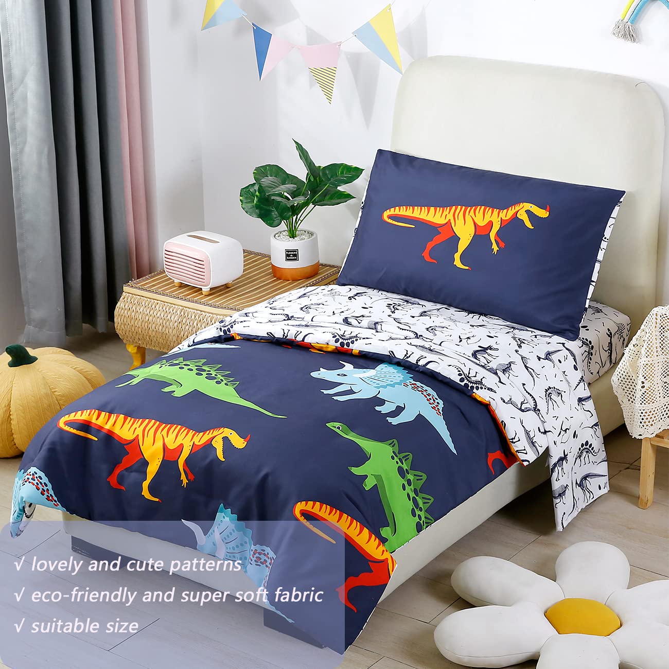 STYHO Cartoon Dinosaur Print Duvet Cover Set - Dark Blue Reversible Animal Pattern Quilt Bedding for Boys & Kids - Single Size Bedroom Decor - Perfect for Kids' Rooms, Nursery, and Themed Bedrooms