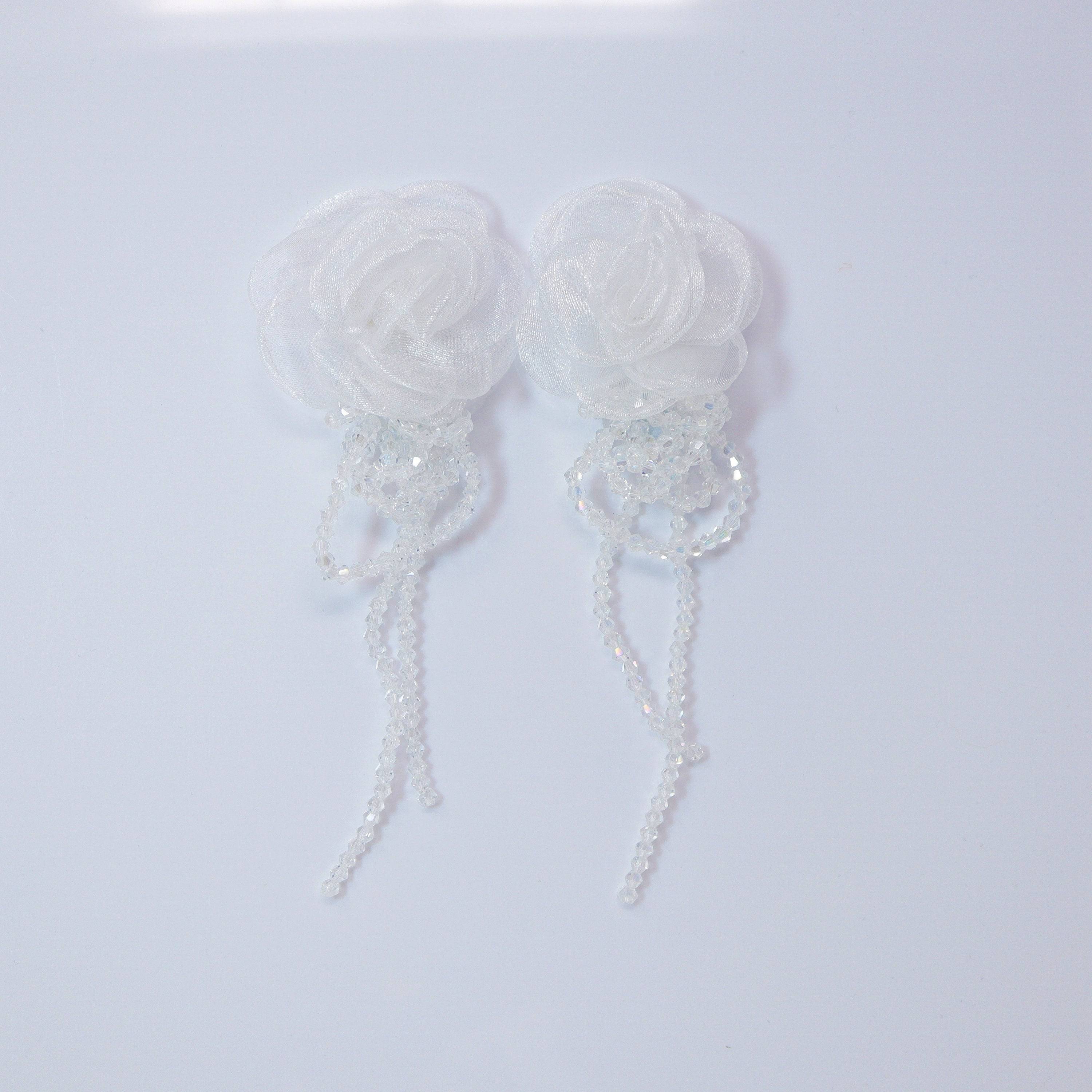 White Rose Floral Crystal Rhinestone Earrings - Elegant Long Bridal Jewelry for Weddings, Prom & Special Occasions | Sparkling Statement Earrings for Brides & Party