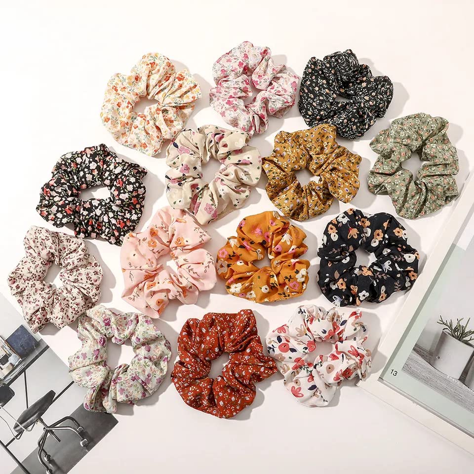 Blubby 12 Pcs Chiffon Hair Bands - Soft Ponytail Holders & Floral Hair Scrunchies for Women Girls - Hair Accessories Set for Everyday, School, Party & Wedding (12 Random Designs)