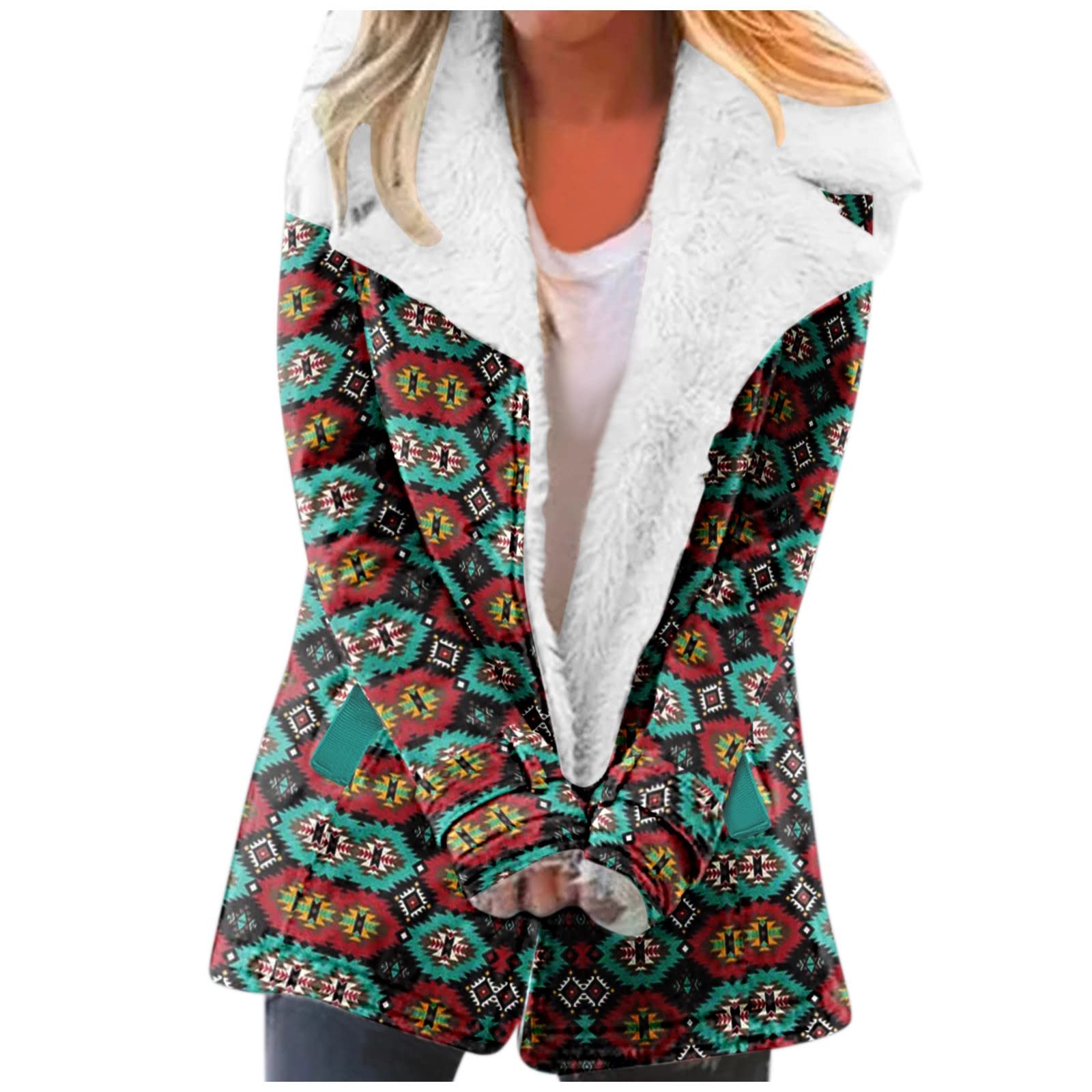 Vintage Aztec Print Women's Long Sleeve Button-Up Fleece Jacket - Loose Fit Warm Casual Top Coat for Fall & Winter Outdoor Activities