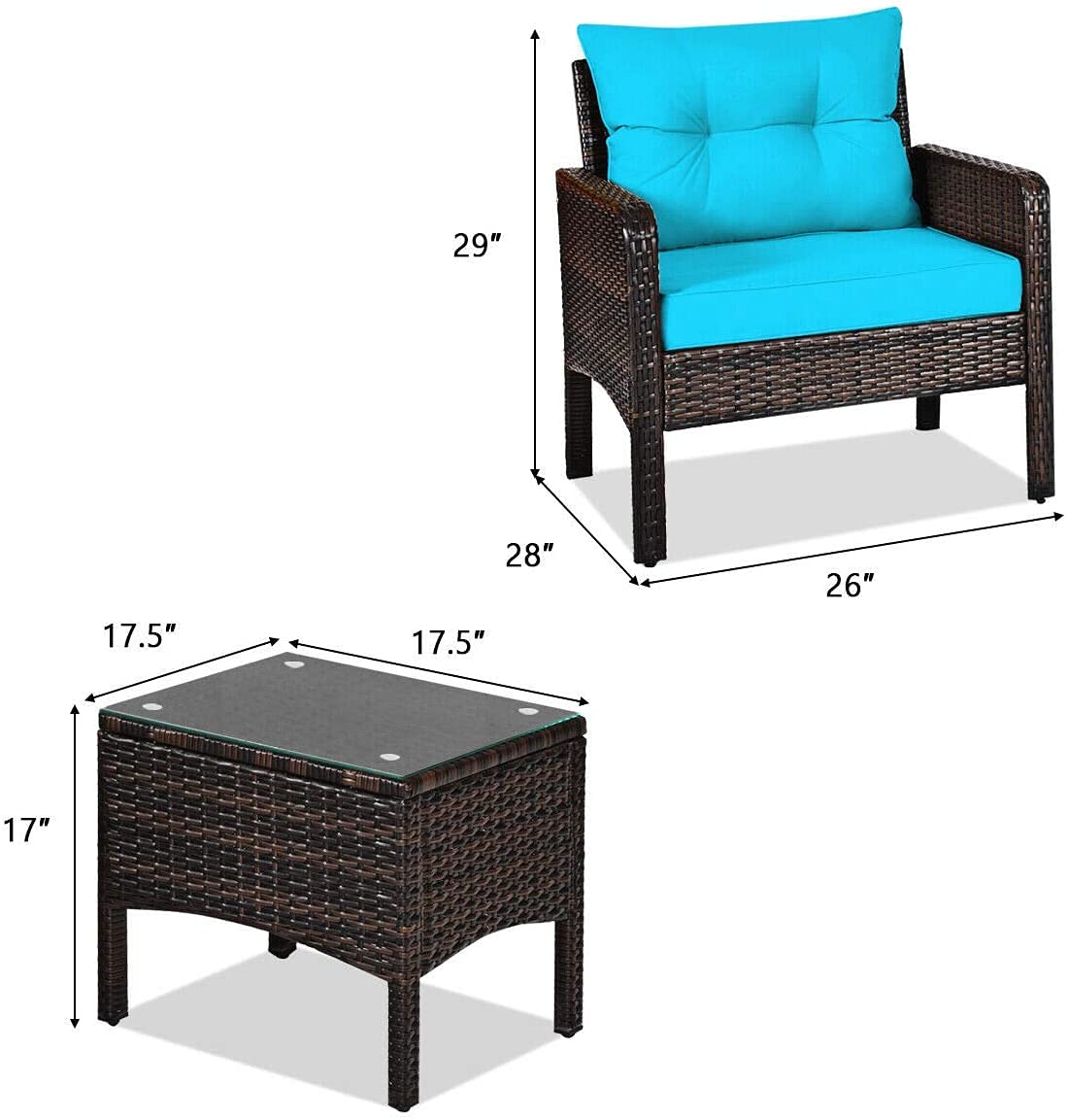 Rainfally 3-Piece All-Weather Wicker Patio Furniture Set with Cushions & Coffee Table - Outdoor Rattan Sofa Conversation Set for Garden, Lawn, Poolside, Backyard (Turquoise) - Perfect for Relaxing, Entertaining & Lounging in Your Outdoor Space
