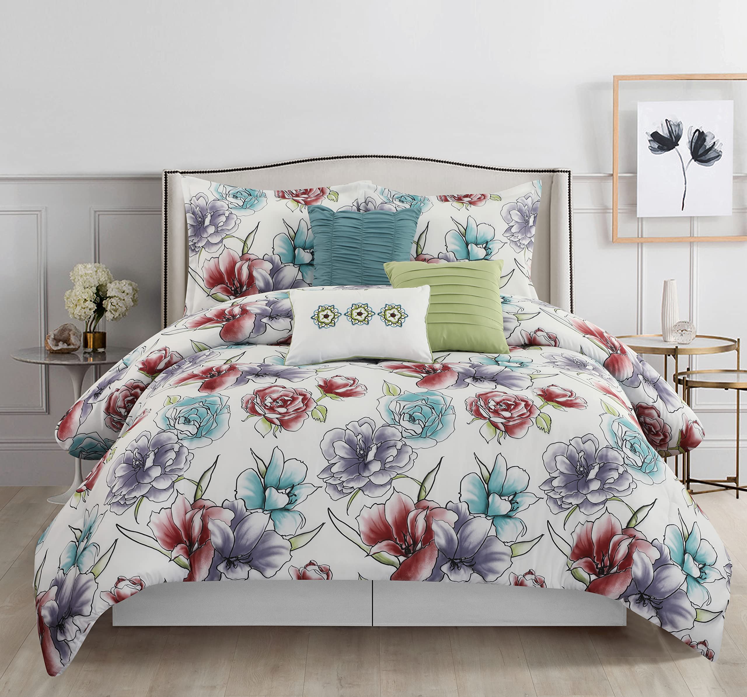 Queen Size White Floral Comforter Set - 7 Piece Microfiber Bedding Collection with Comforter, Pillow Shams, and Bed Skirt | Soft & Breathable for All Seasons | Perfect for Master Bedroom, Guest Room, and Vacation Homes