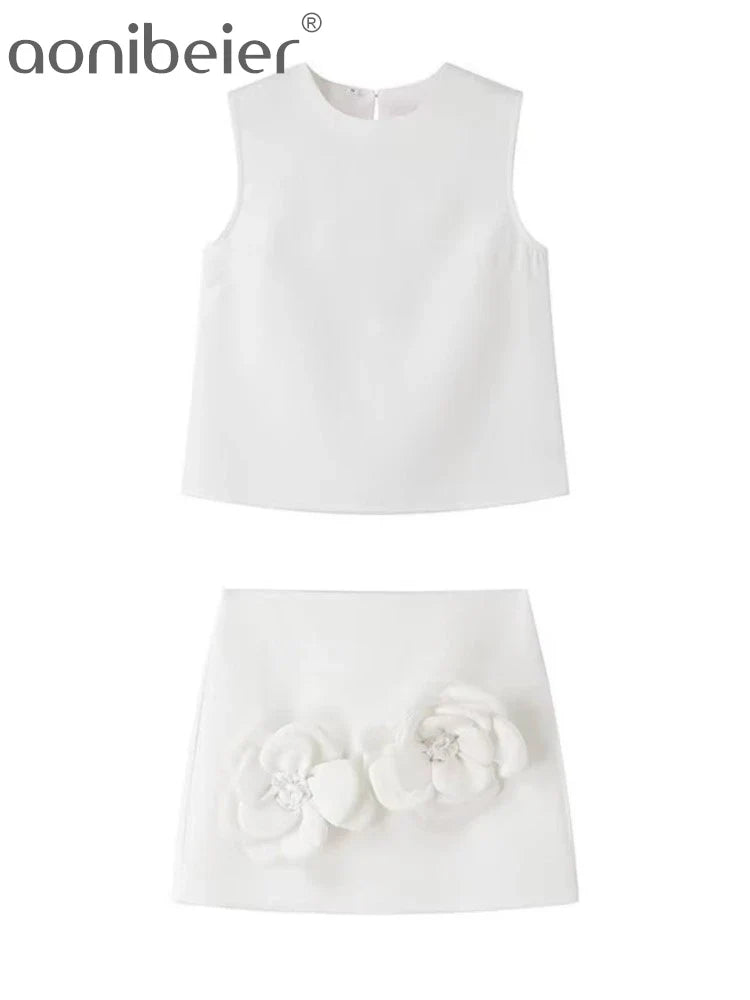 Y2K Mini Skirt Set for Women - Floral Applique Sleeveless Crop Top & Extreme Short Skirt Summer Outfit (White) | Perfect for Music Festivals, Beach Vacations & Streetwear Fashion