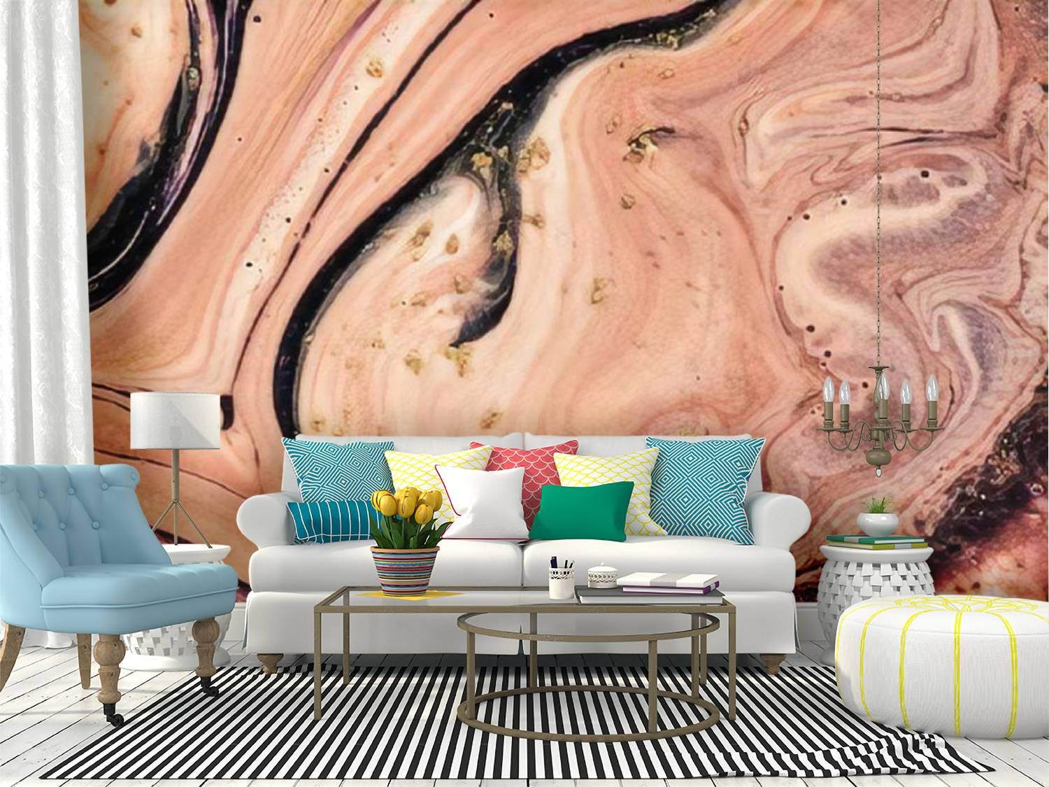 Coral & Gold Peel and Stick Wallpaper - Self-Adhesive Removable Vinyl Wall Mural with Natural Pattern | Large Wall Sticker for Home Decor, Nursery, Bedroom & Living Room