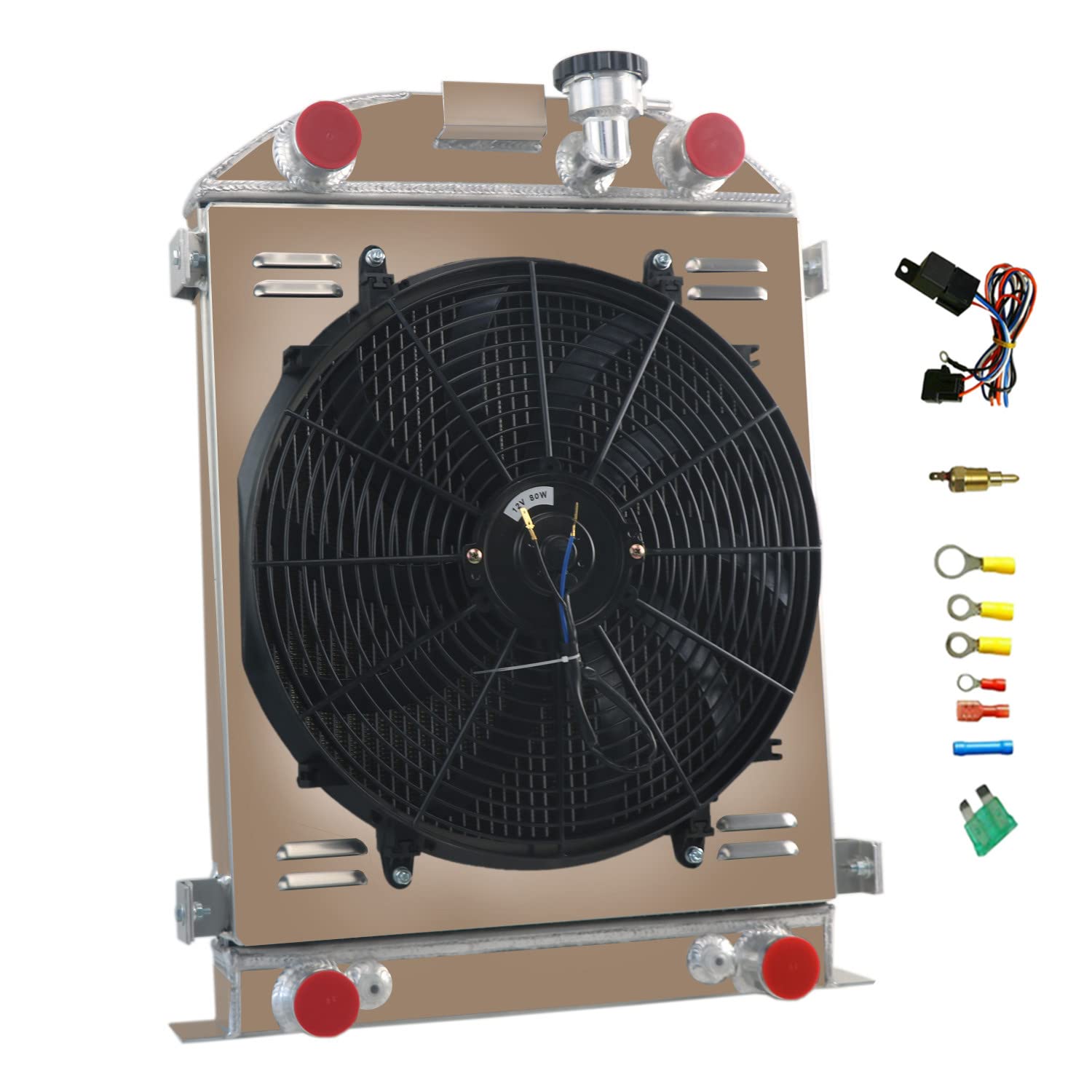 High-Performance 4-Row Aluminum Radiator for Ford Model A Flathead V8 (1930-1931) - Includes Shroud Fan & Thermostat Relay Kit - Improved Cooling for Classic Car Restoration & Hot Rod Builds