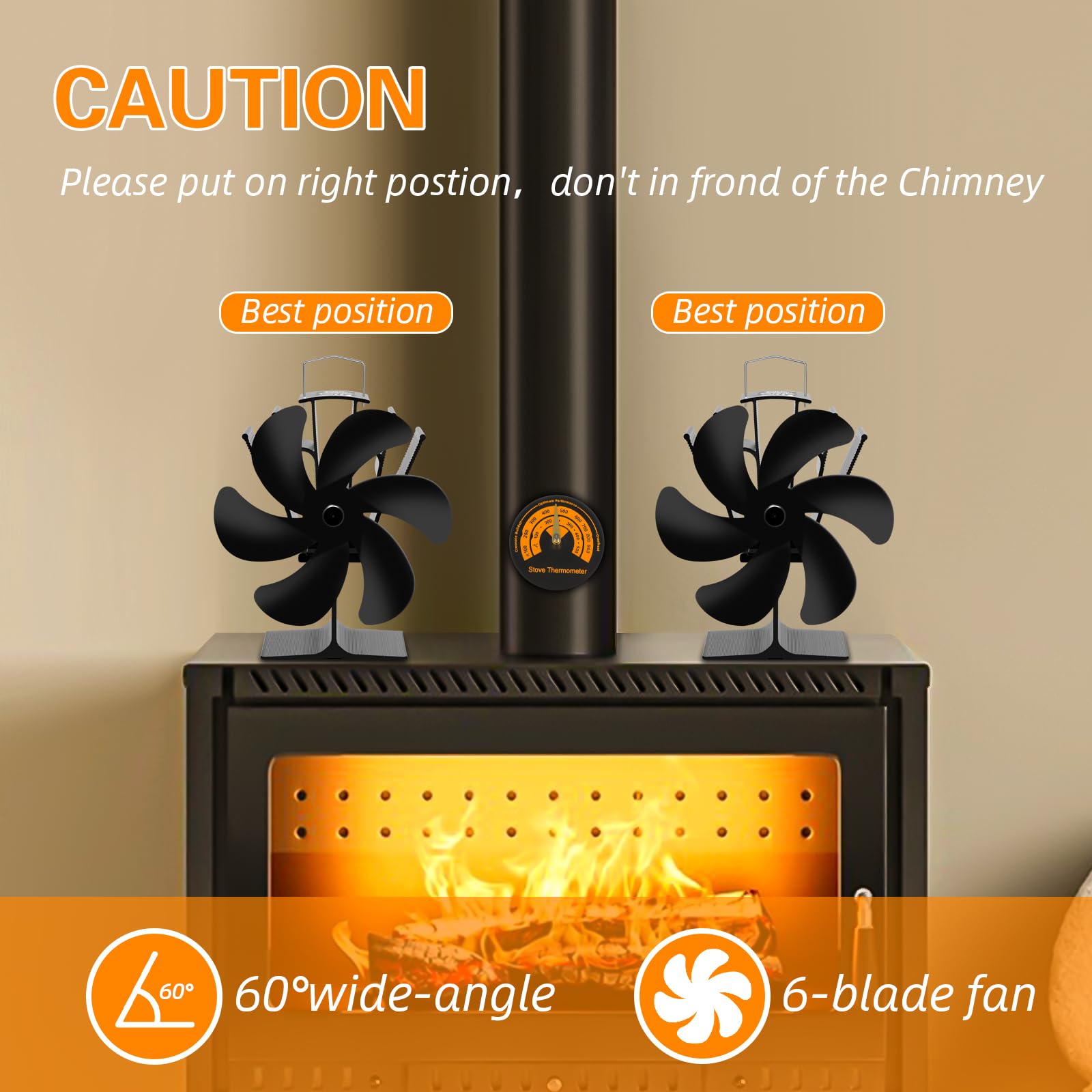 Eco-Friendly 6-Blade Wood Stove Fan - Heat Powered Fireplace Fan with Temperature Alarm for Wood/Pellet/Log Burners - Perfect for Energy-Efficient Home Heating & Cozy Winter Nights