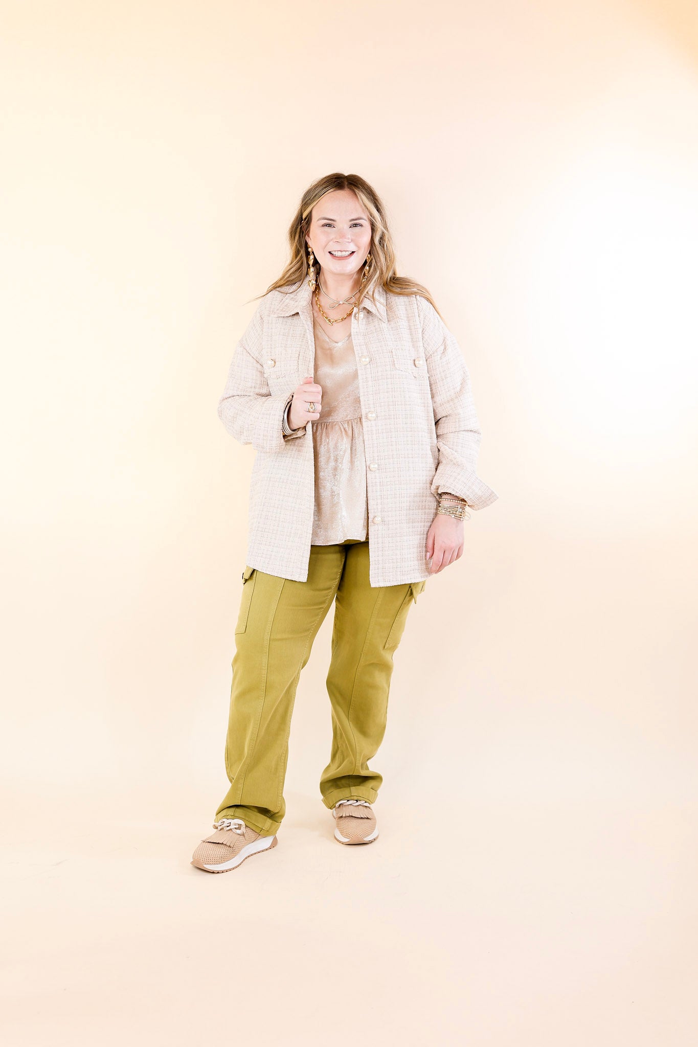 Brooklyn Buzz Pearl Button Up Tweed Shacket - Champagne Beige & Ivory Women's Fashion Jacket for Fall & Winter Outfits | Office Wear, Casual Style, Date Night