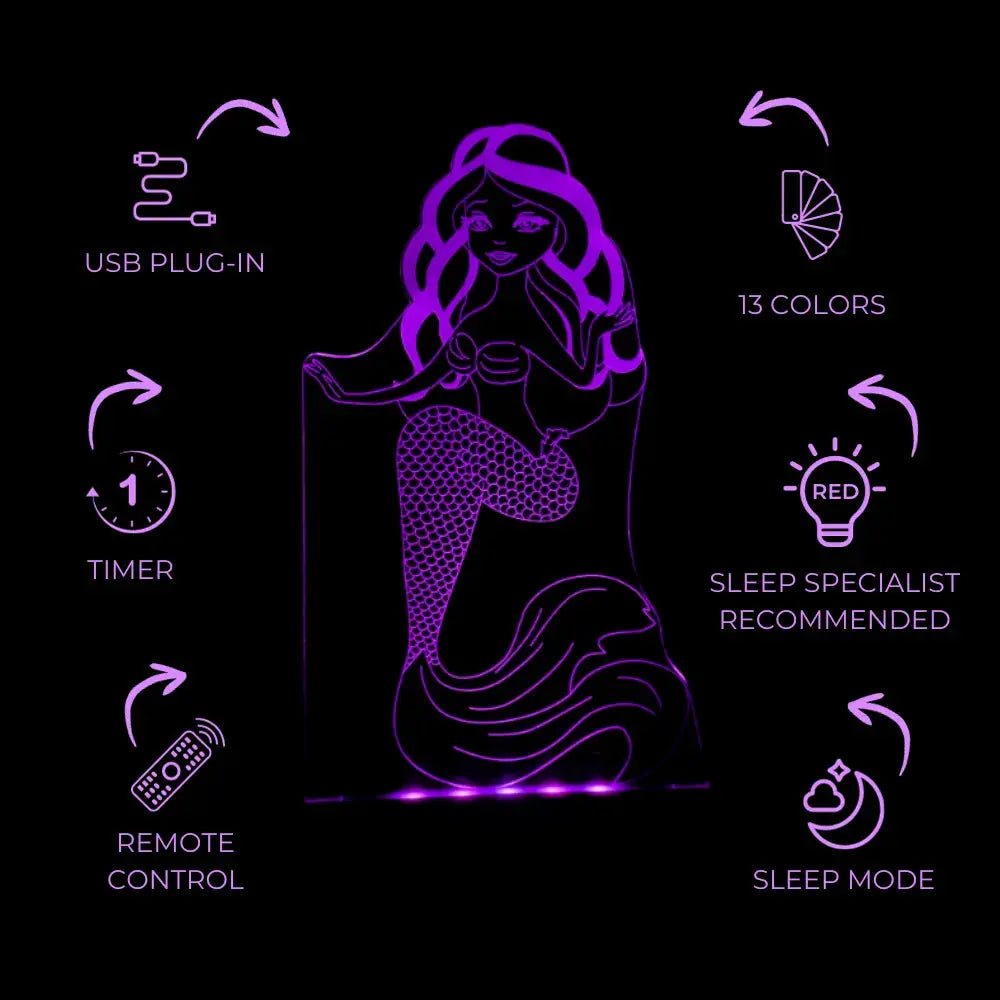 Duski Mermaid Night Light - LED Kids Bedroom Lamp for Girls, Soft Glow Nursery Light, Perfect for Bedtime, Reading & Decor - Safe & Energy Efficient Nightlight for Children's Room