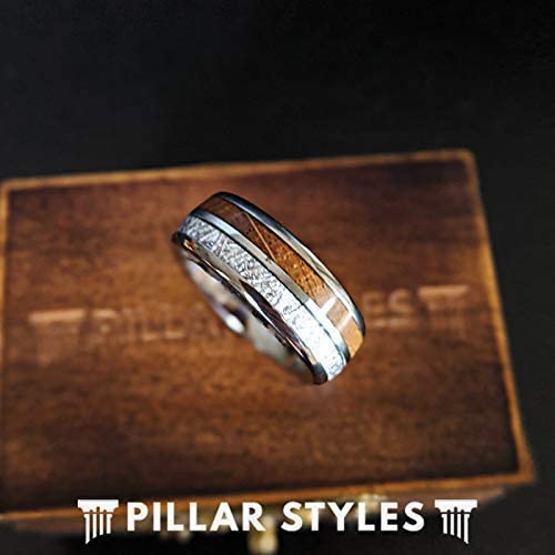 Unique Meteorite & Bourbon Barrel Wood Tungsten Wedding Band for Men - 8mm Comfort Fit Durable Ring - Anniversary Gift for Him - Perfect for Weddings, Engagements & Special Occasions