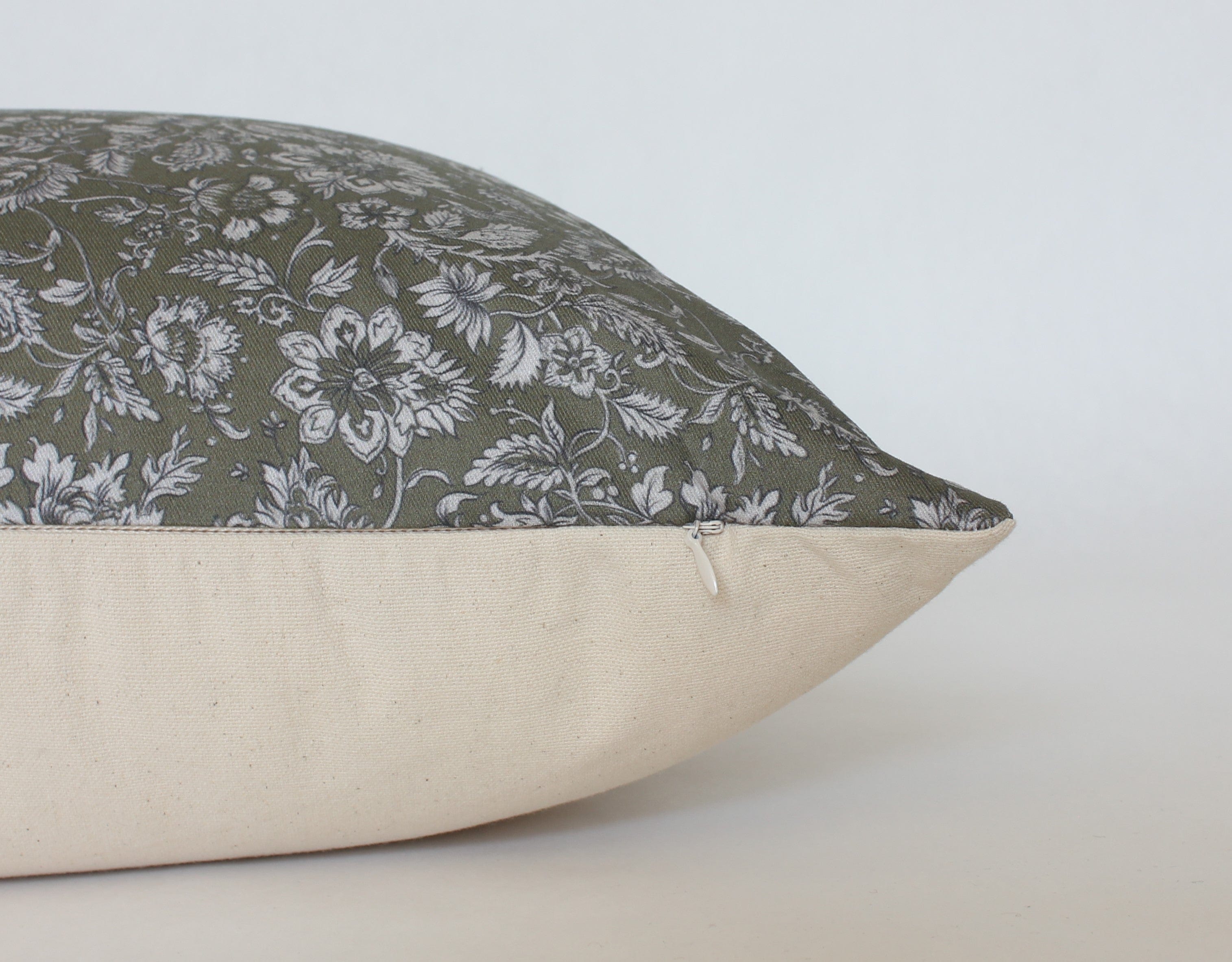 Olive Green Floral Lumbar Pillow Cover - Decorative Cushion Case for Sofa, Bed & Home Decor - 18x12 Inches