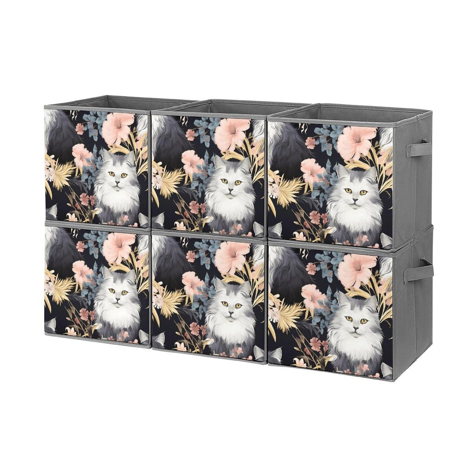 Foldable Storage Cubes with Handles - 6 Pack Cat & Butterfly Pattern Square Bins for Home Organization, Closet, Nursery, Kids Room & Pet Supplies Storage - Perfect for Toys, Books, Laundry & More