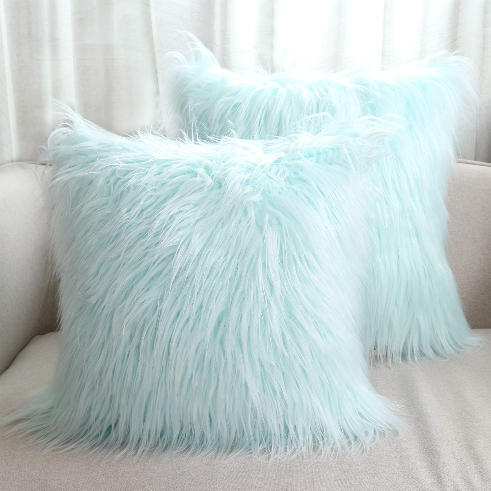 Luxury Faux Fur Throw Pillow Covers 18x18 Inch (45x45cm) - Soft Mongolian Long Fur Square Cushion Covers for Couch, Sofa & Floor - 100% Polyester Home Decor (Light Blue, 2-Piece Set) - Perfect for Living Room, Bedroom & Cozy Home Decor
