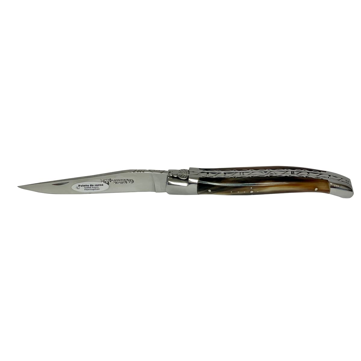 Laguiole en Aubrac Luxury Handmade Double Plates Folding Pocket Knife - 4.8 Inch (12cm) Solid Horn Handle - Hand Forged Stainless Steel Blade with Shiny Bolsters - Perfect for Camping, Hiking & Everyday Carry (EDC)