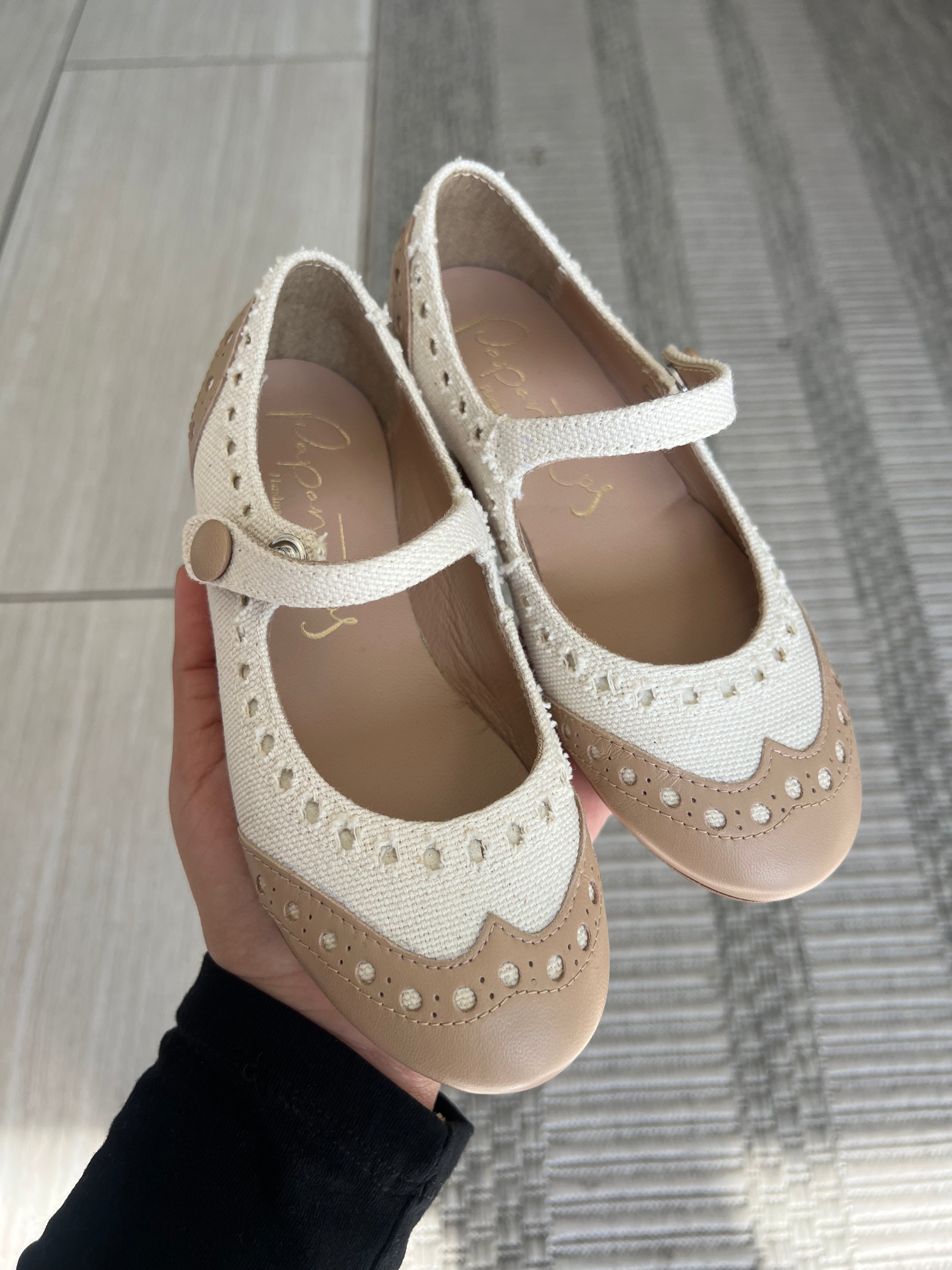 Beige and White Linen Wingtip Mary Jane Shoes for Women - Classic Comfortable Flats for Work, Church & Special Occasions