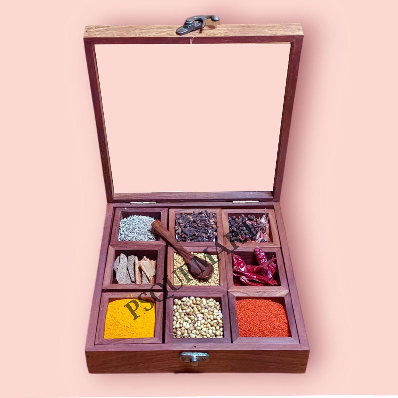 Antique Lock 9-Section Wooden Spice Box with Glass Jars - Premium Spice Storage Organizer for Kitchen, Pantry & Home Decor | Perfect for Herbs, Seasonings & Tea Collection