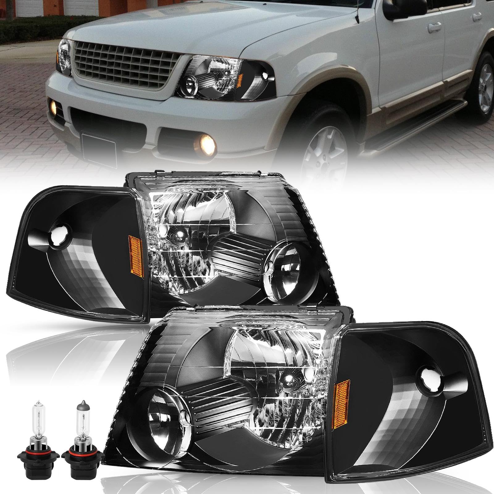 2002-2005 Ford Explorer Headlight Assembly with Bulbs - Complete 4pc Set (Driver & Passenger Side) - Black Housing & Amber Reflector - Includes Corner Lights - Perfect for Night Driving & Off-Road Adventures