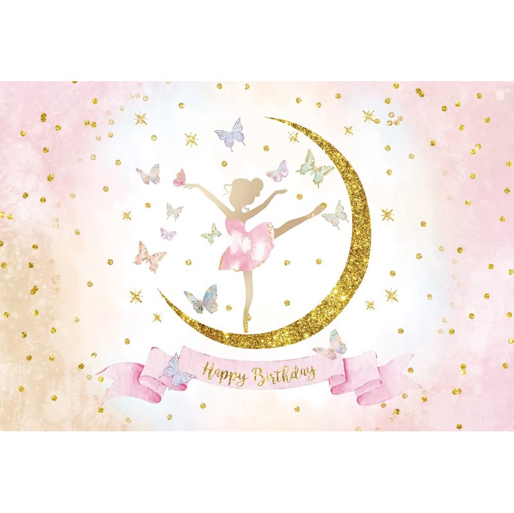 YongFoto 10x8ft Ballerina Birthday Backdrop with Butterflies, Glitter Stars & Gold Moon - Ballet Dancer Tutu Dress Silhouette Princess Banner for Girls Photo Shoot, Party Decor, Baby Shower, Dance Studio Background