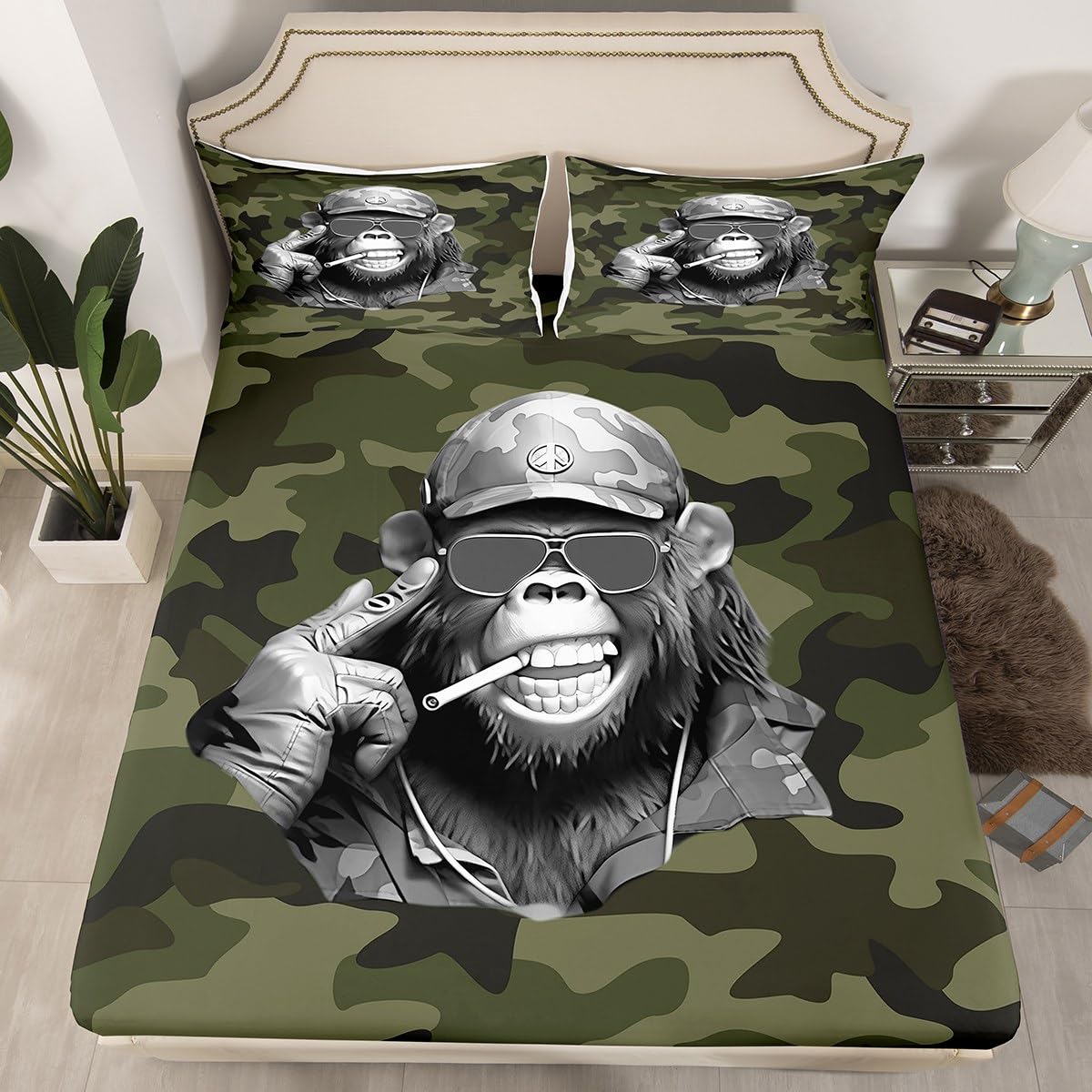 Camouflage Queen Size Fitted Sheet Set - Military Helmet & Wild Safari Print Bedding for Kids & Adults | Army Green Jungle Themed Bedroom Decor for Boys, Men & Wildlife Enthusiasts | Perfect for Hunting Lodges, Dorm Rooms & Adventure-Themed Bedrooms