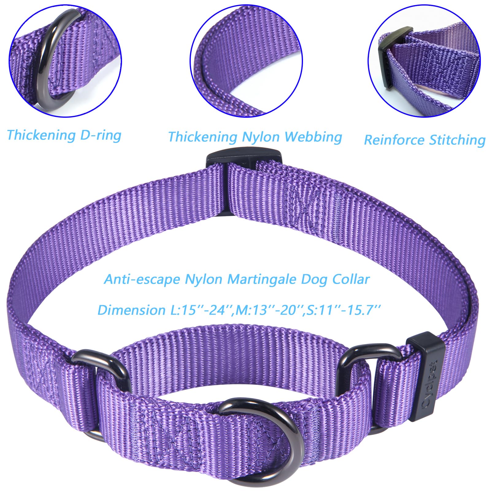 Premium Nylon Adjustable Anti-Escape Martingale Dog Collar - Soft & Durable Training Collar with Heavy Duty D-Ring for Large Active Dogs - Perfect for Walking, Hiking & Outdoor Adventures (Ultra Violet, Large)