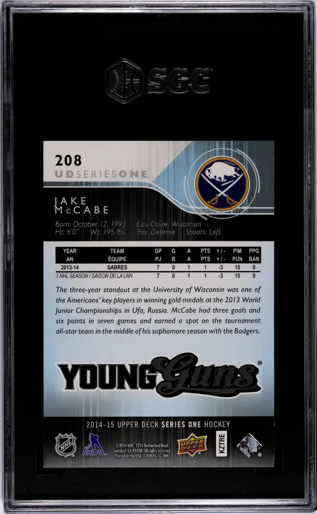 2014-15 Upper Deck Series One Hockey Jake McCabe Young Guns Rookie Card SGC 9.5 Mint - Perfect for Hockey Card Collectors and Sports Memorabilia Enthusiasts