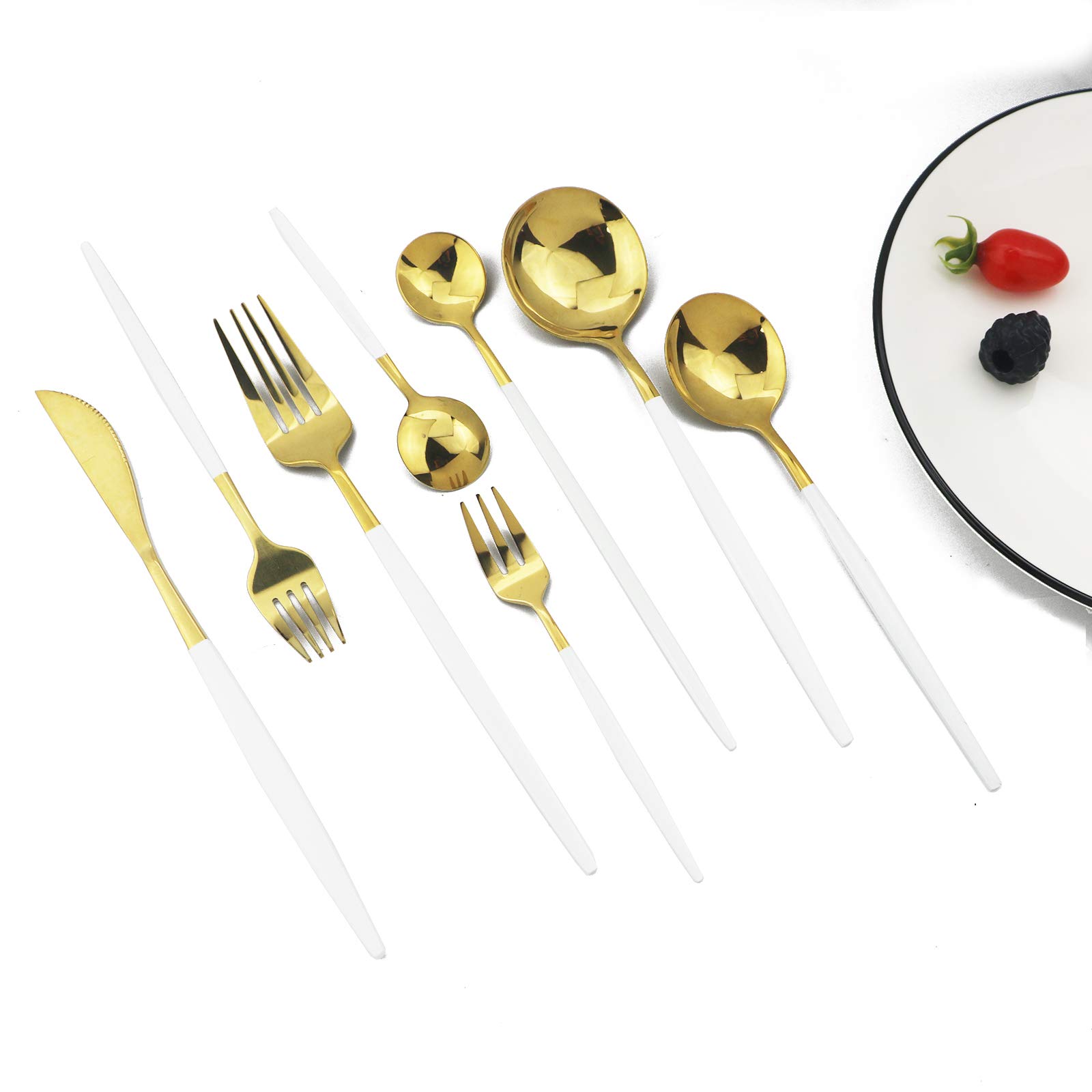 JASHII 32-Piece Stainless Steel Silverware Set - 4 Place Settings with Cake Forks & Long Handle Spoons - Elegant White & Gold Flatware Cutlery Set - Dishwasher Safe Tableware for Dining, Parties & Special Occasions