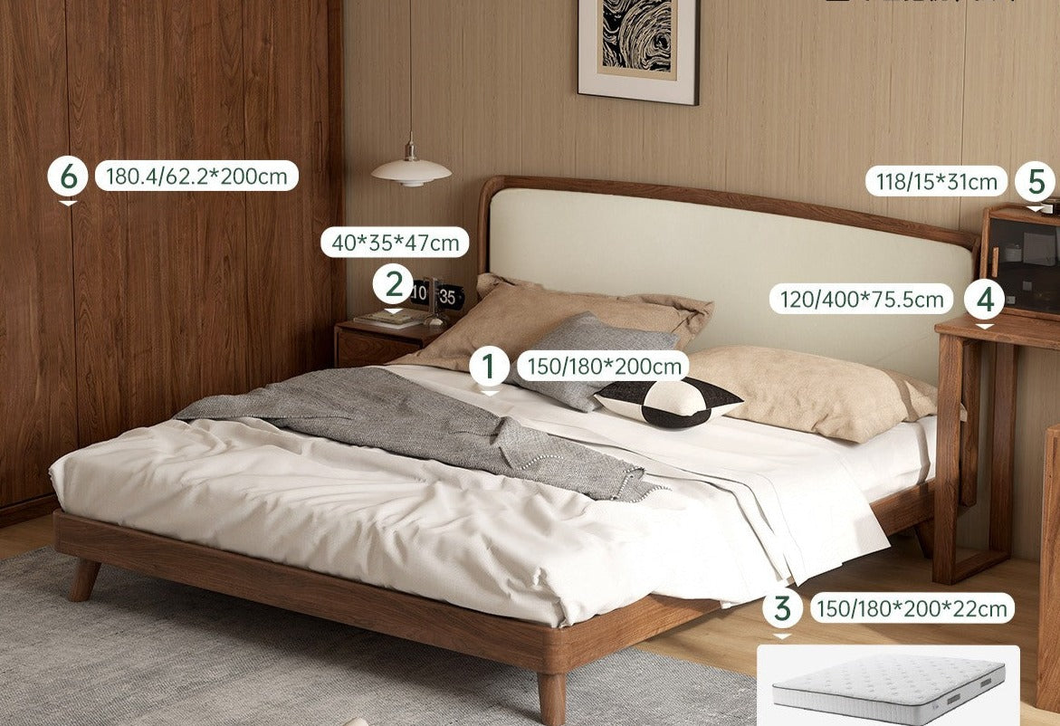 Bedroom five-piece set Creamy white technology fabric soft bed + mattress + bedside table + dressing table + wardrobe