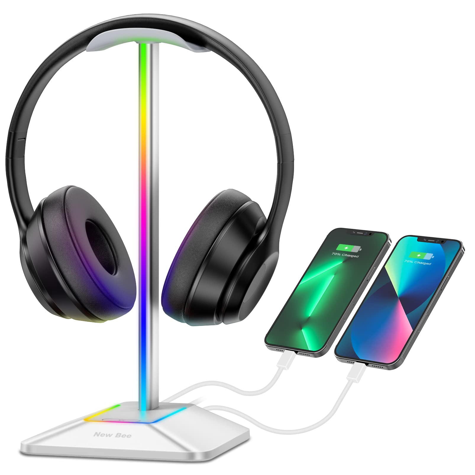 New Bee RGB Gaming Headset Stand with USB Data Port & USB-C Charging - Premium Aluminum Headphone Holder for PC, Desk, Gaming Setup - Perfect for Gamers & Streamers (Silver)