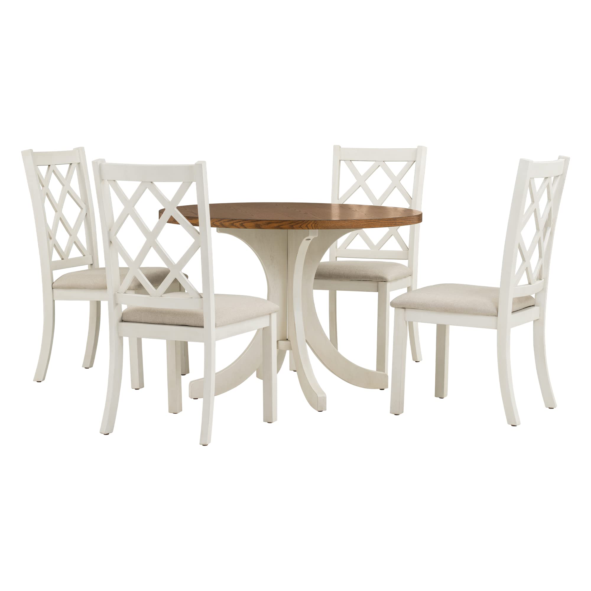 5-Piece Modern Farmhouse Dining Set with Round Acacia Wood Table & 4 Cross Back Chairs - Rustic Kitchen Table with Splayed Legs for Family Meals, Dinner Parties & Small Space Dining Rooms