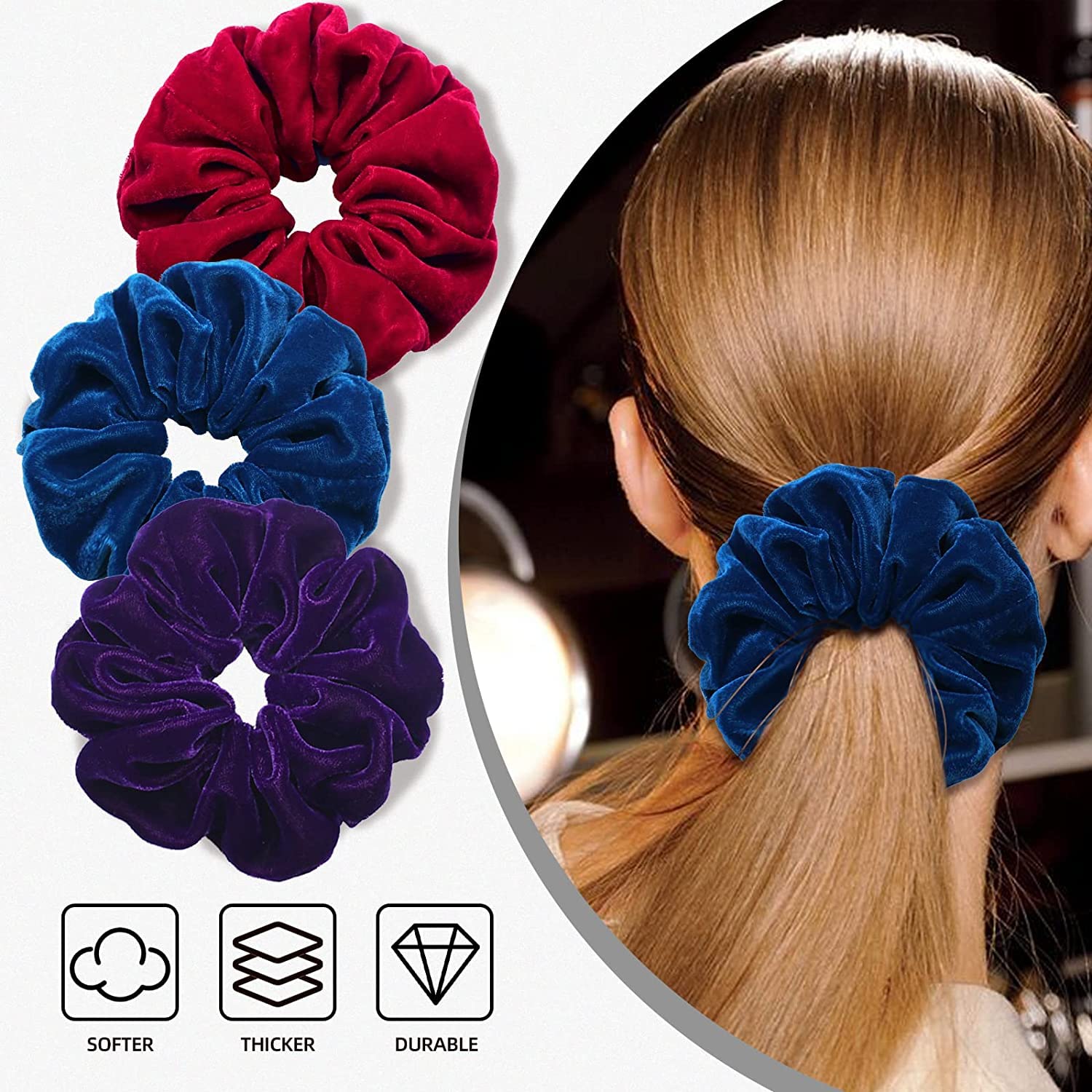 ALIBA COLLECTION 6 Pack Velvet Blend Hair Scrunchies - Soft Elastic Hair Bands for Women & Girls (Black) - Perfect for Workouts, Yoga, Office & Everyday Use