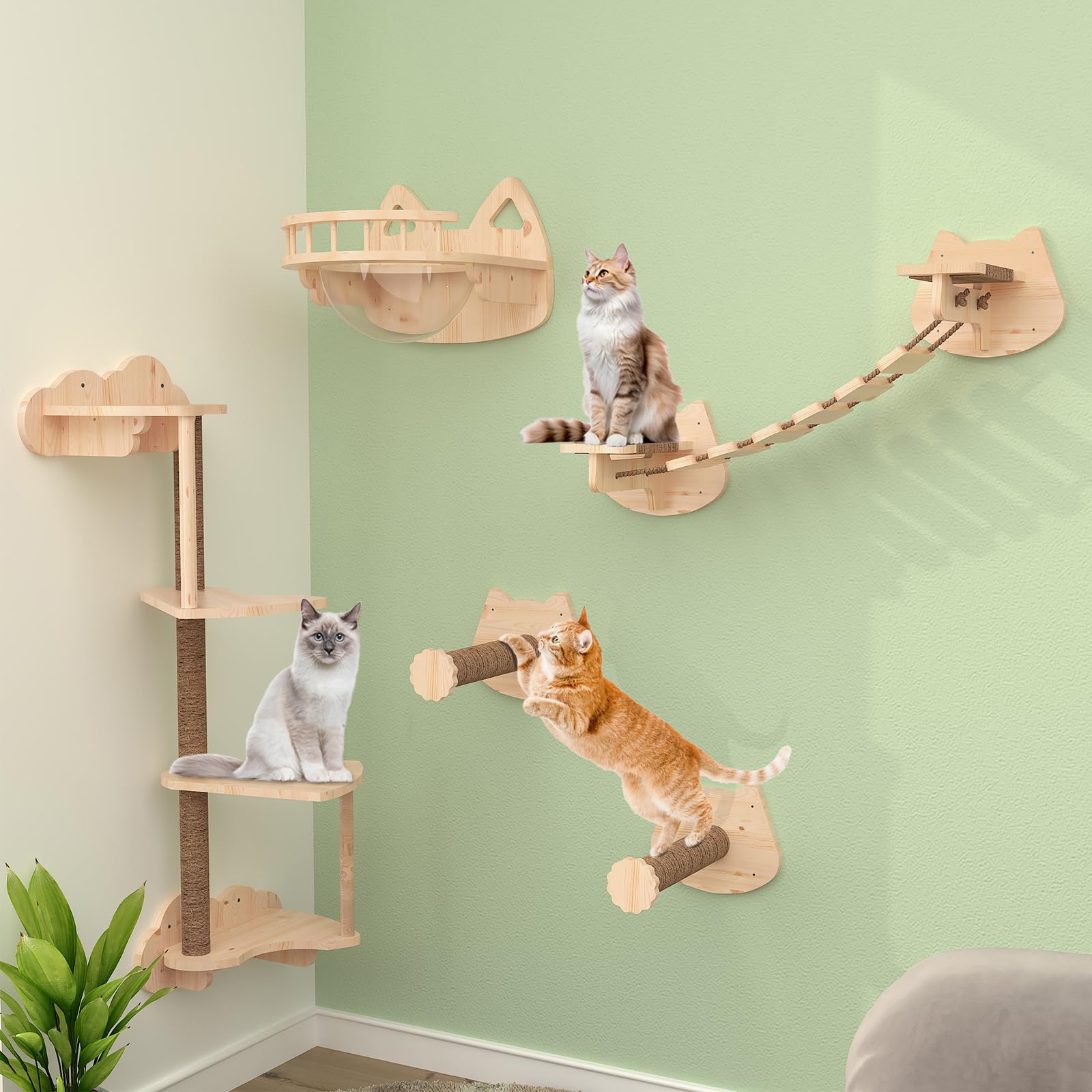 13-Piece Transparent Cat Wall Furniture Set - 4-Tier Scratching Post, 2 Sisal Scratching Steps, Wall-Mounted Bed & Bridge for Cats up to 33 lbs | Space-Saving Cat Climbing Shelves for Indoor Play & Relaxation