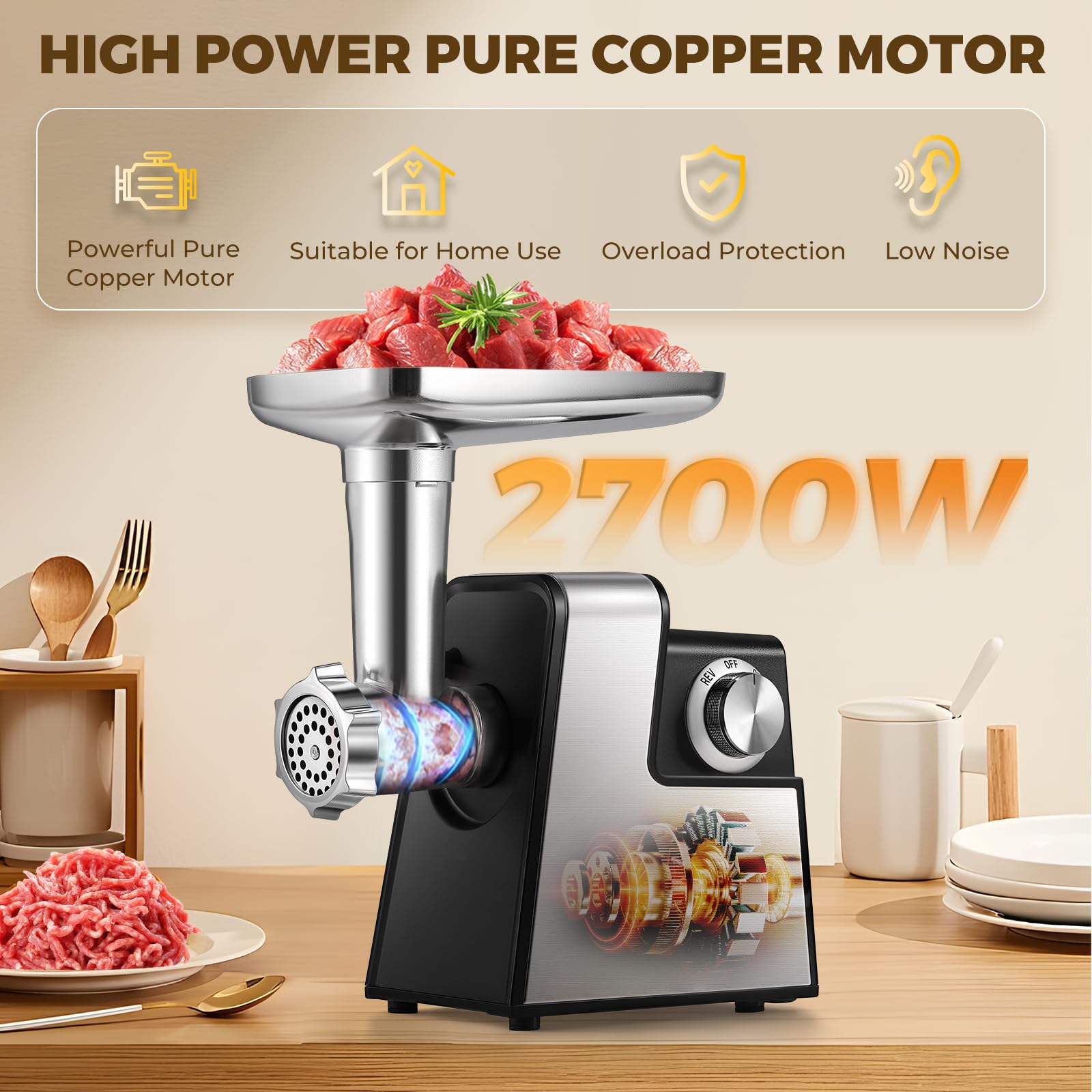 2700W Electric Meat Grinder - Heavy Duty Commercial & Home Use Mincer with 3 Blades, 3 Grinding Plates & Sausage Stuffer Kit - Perfect for Ground Beef, Sausages, Kubbe & Food Prep