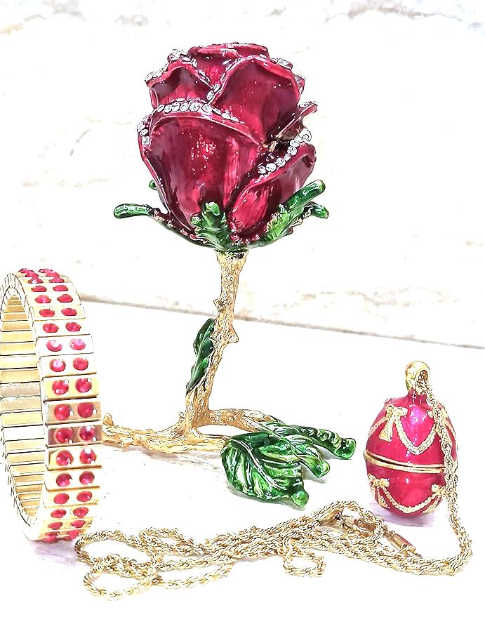 7ct Designer Luxurious Women's Jewelry Set - Fabergé Egg Rose Gold Ring Box, 5ct Handmade Necklace & 24k Gold 2ct Ruby Bracelet - Perfect Christmas Gift, Proposal, Anniversary & Valentine's Day Present for Her