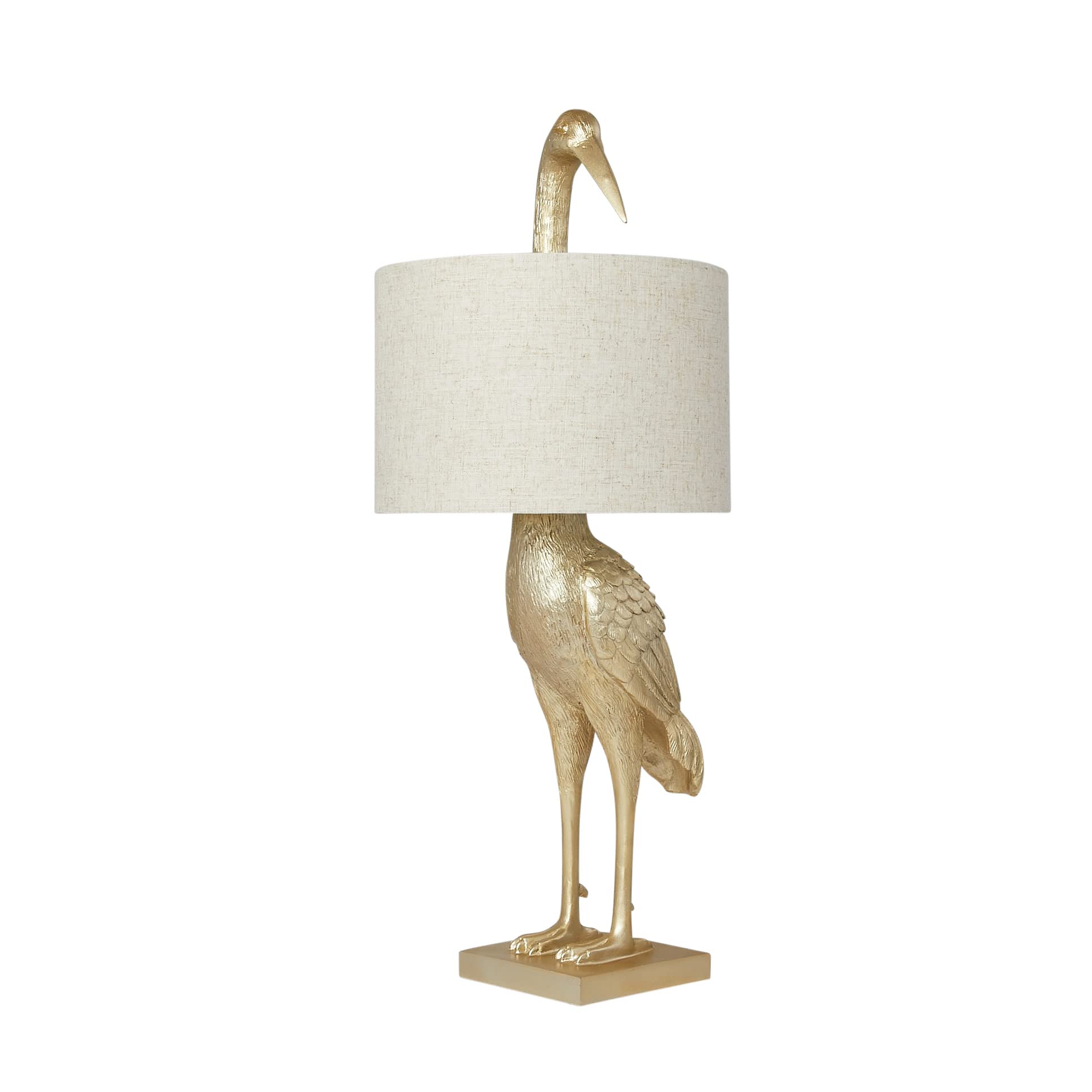 Creative Co-Op Gold Resin Bird Table Lamp with White Linen Shade & Inline Switch - Elegant Home Decor for Living Room, Bedroom or Office Lighting