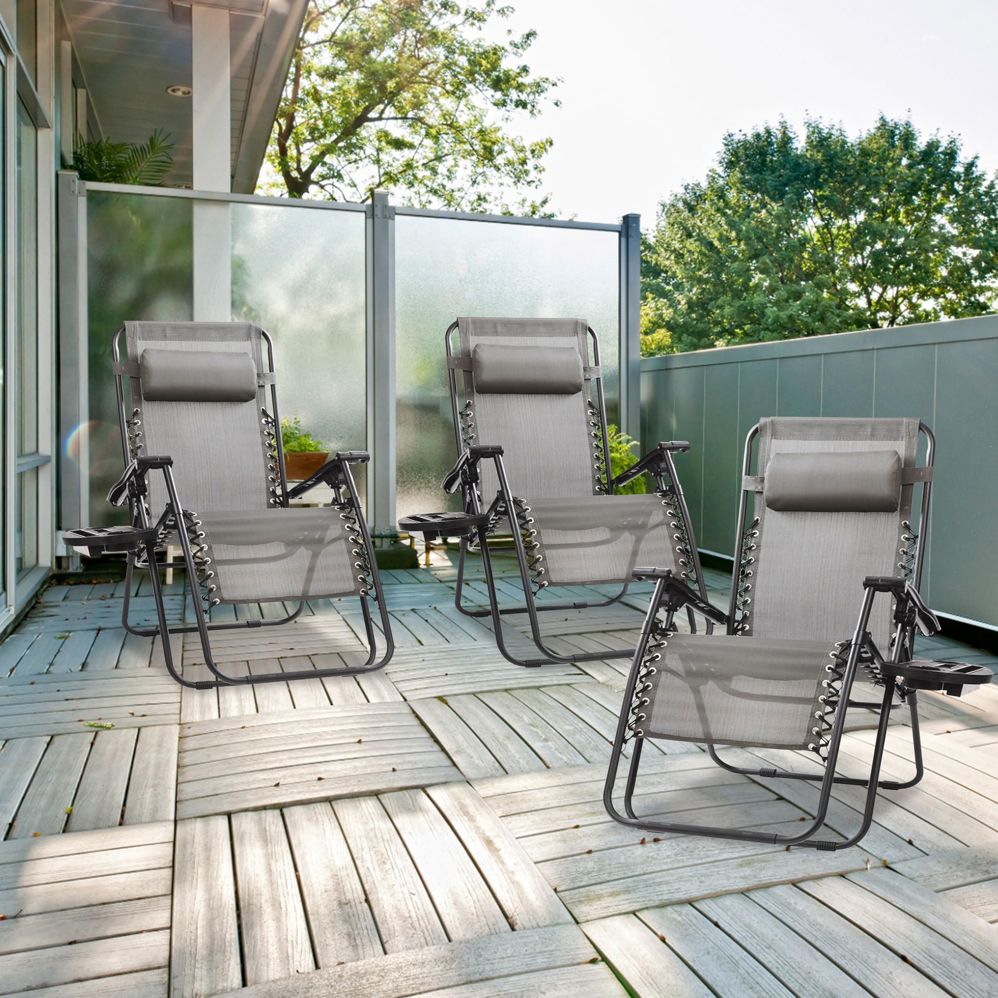 Sunny Isles XL Zero Gravity Outdoor Patio Reclining Chair - Steel Frame Comfortable Lounge Seating Furniture Set (3 Pack, Gray) - Perfect for Backyard, Poolside & Beach Relaxation