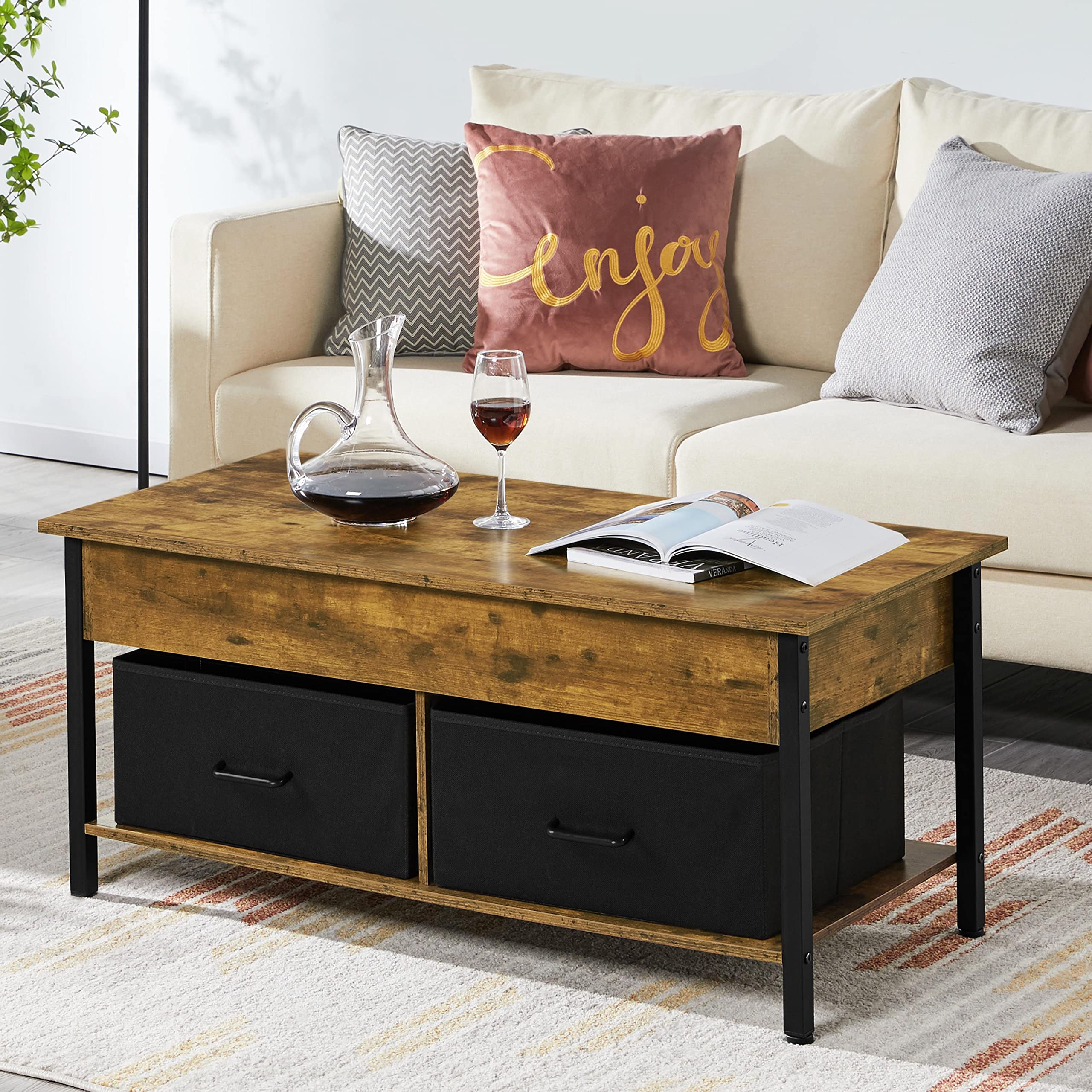 Topeakmart Lift Top Coffee Table with Hidden Storage Compartment, Open Shelves & 2 Fabric Baskets - Modern Rustic Brown Lift-Top Ottoman Table for Living Room, Perfect for Storing Blankets, Magazines & Remote Controls