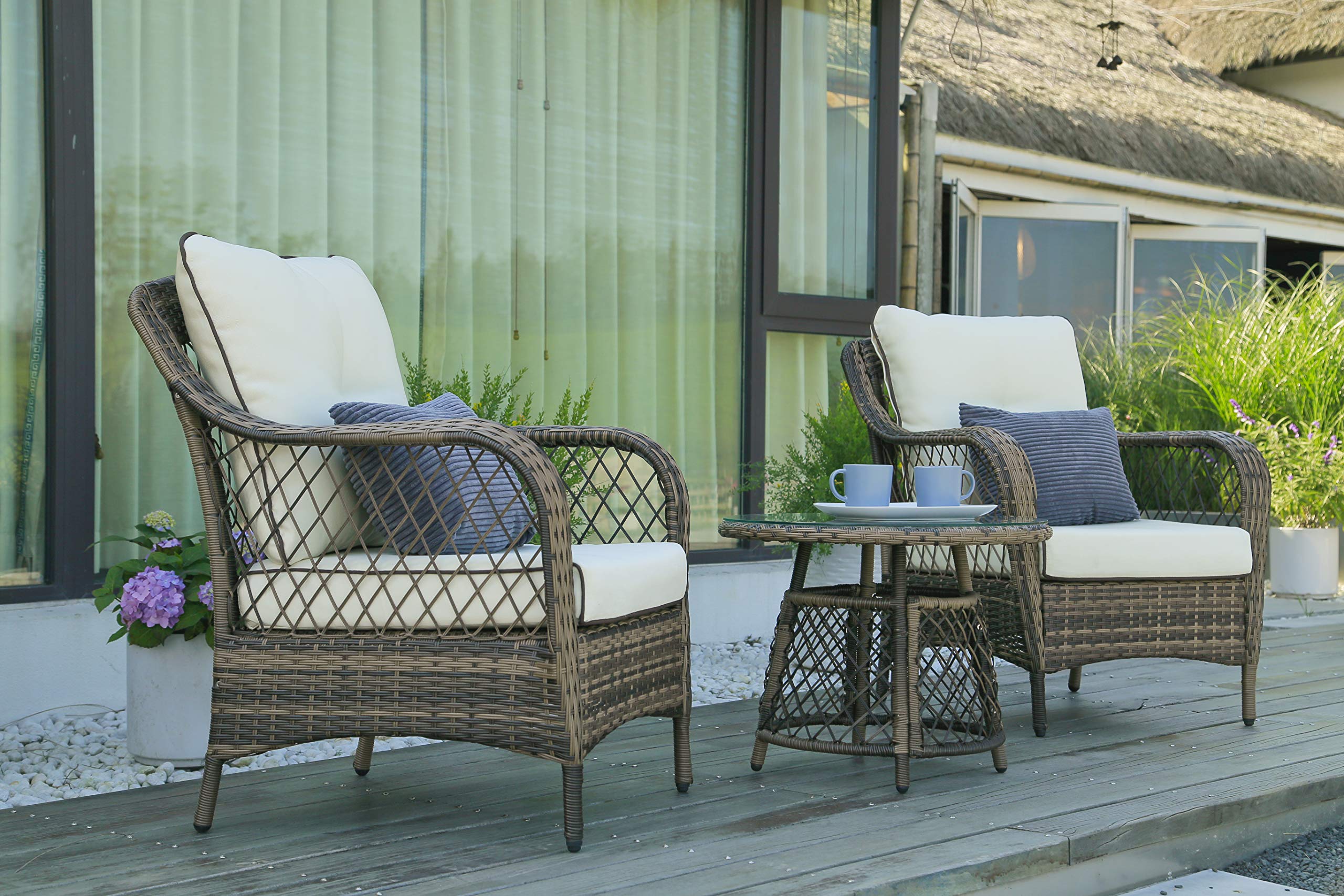 N&V 3-Piece Outdoor Bistro Set - Patio Conversation Furniture with Rattan Chairs & Table - Beige, Red, Green (Beige) - Perfect for Balcony, Garden, Poolside & Backyard Relaxation