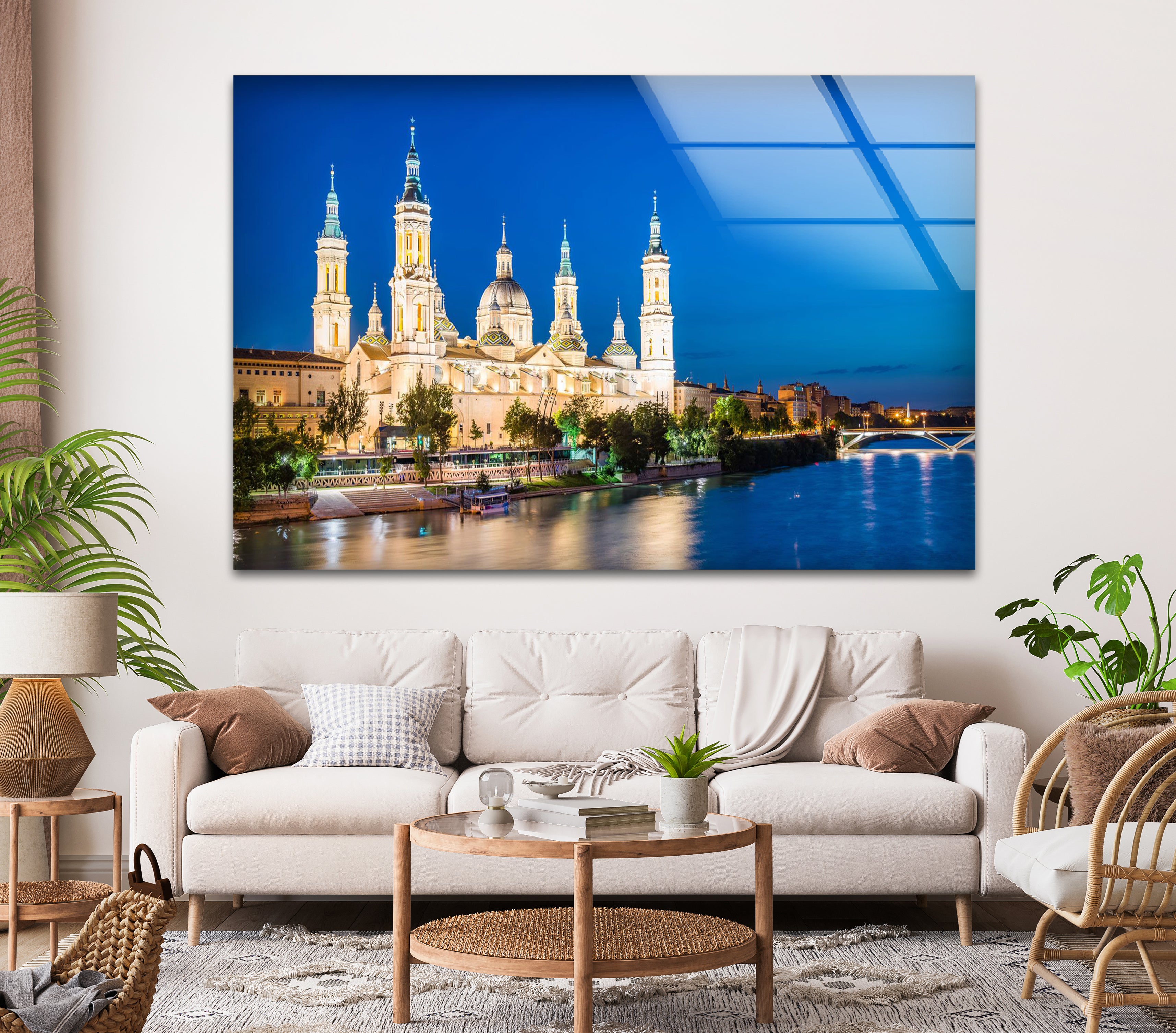 Basilica del Pilar Glass Wall Art - Stunning Night View of Zaragoza's Iconic Landmark | Religious Home Decor & Spanish Souvenir Gift for Travel Lovers