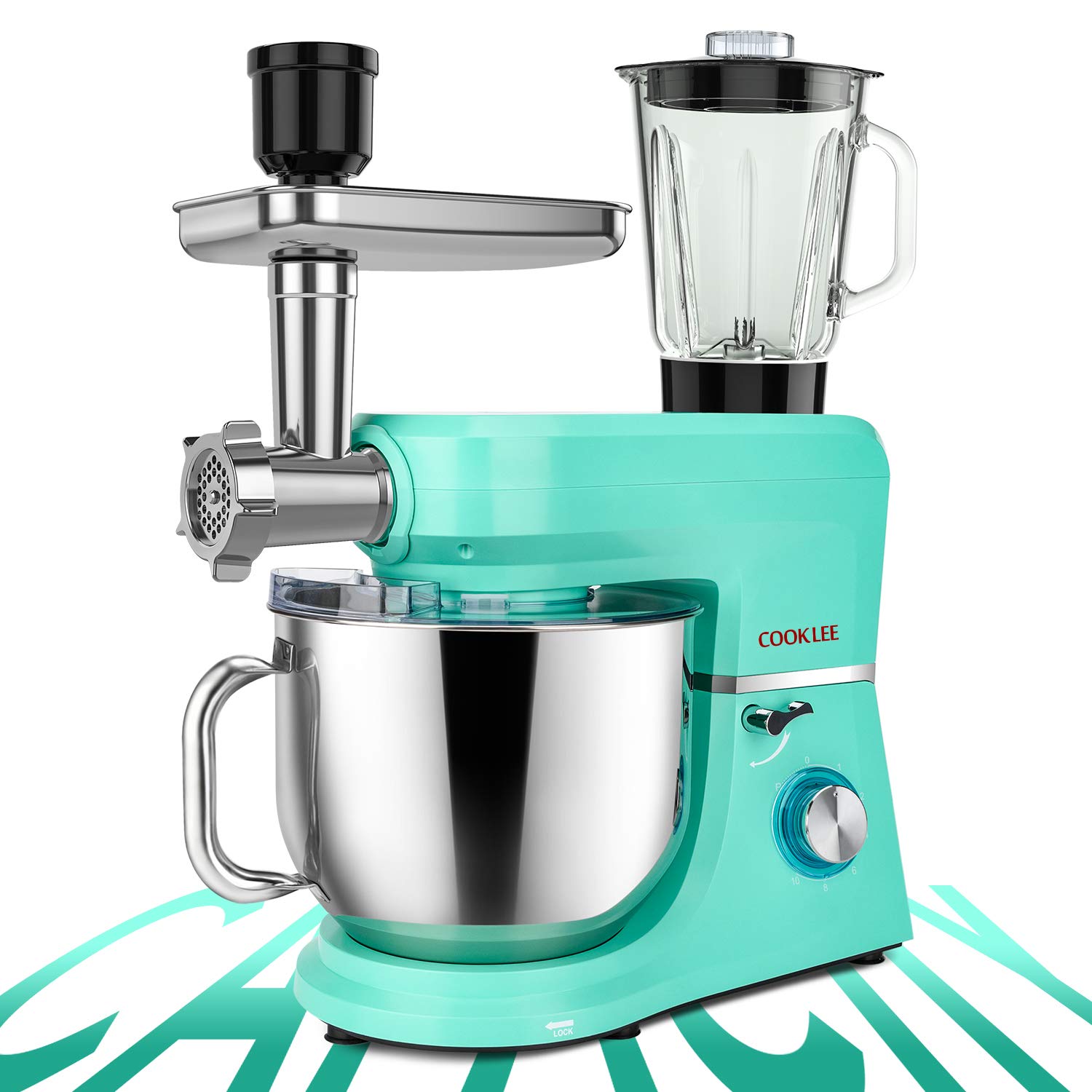 COOKLEE 6-in-1 Stand Mixer, 8.5 Quart Powerful Electric Kitchen Mixer with 9 Attachments - Dough Hook, Whisk & More - Perfect for Baking, Whipping, Kneading (Mojito Blue, SM-1507BM) | Ideal for Home Bakers, Cake Decorating & Cookie Making