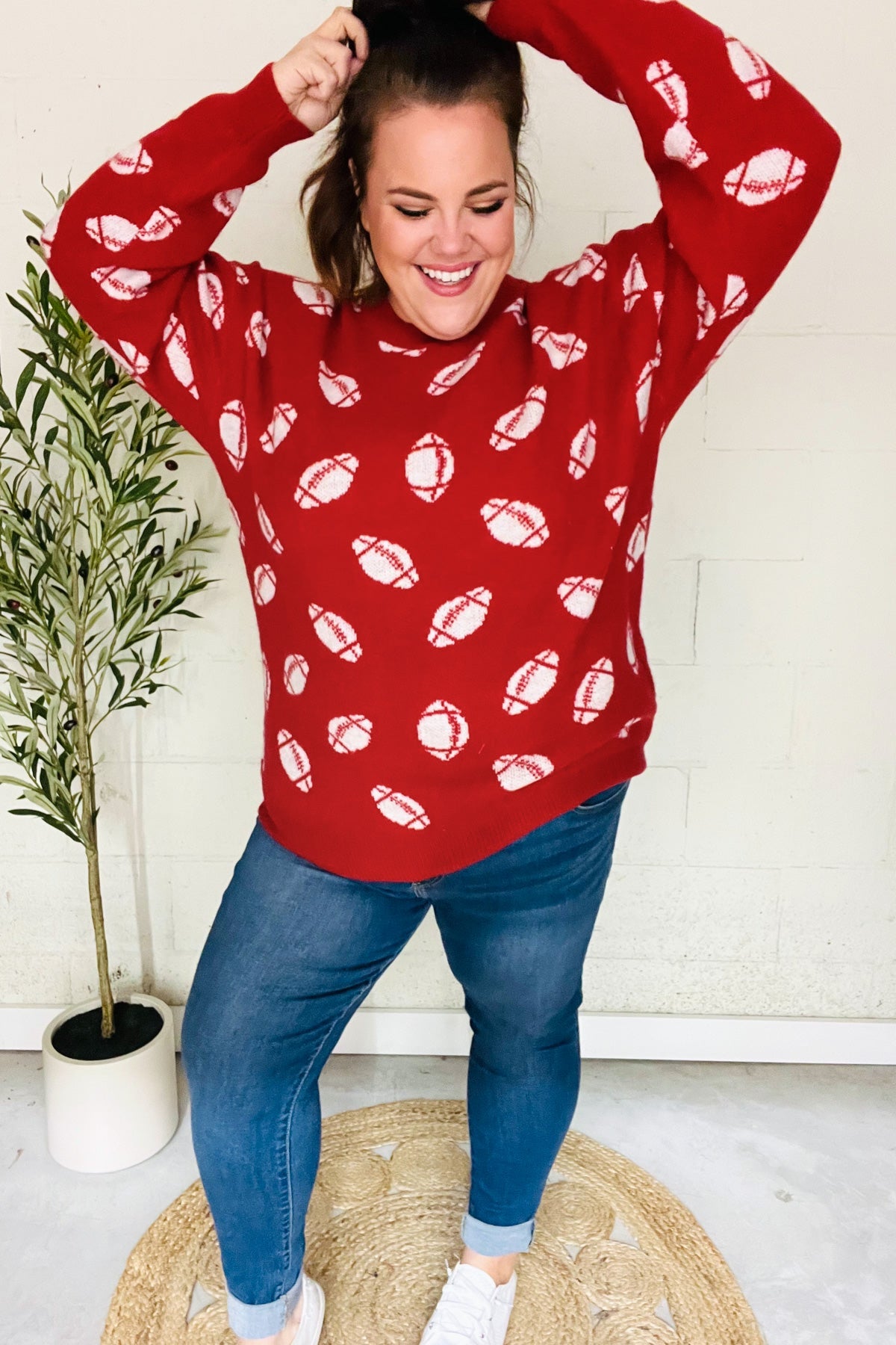Game Day Red Football Print Jacquard Knit Sweater for Men - Cozy Team Spirit Pullover for NFL Fans, Tailgating & Winter Sports