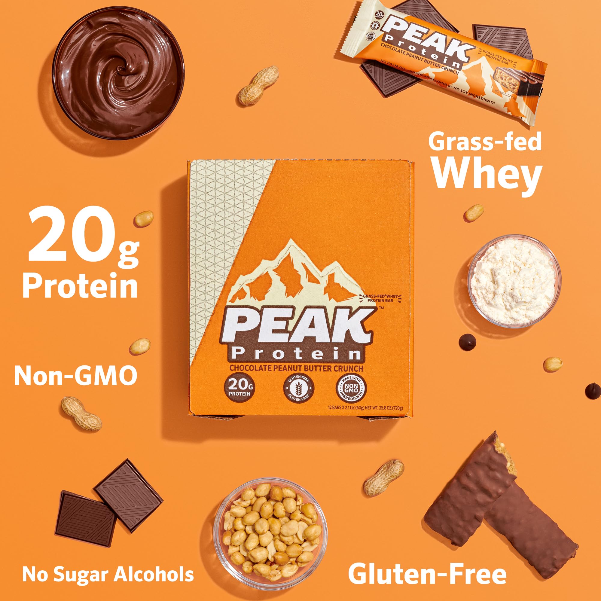 Grass-Fed Whey Protein Bars - Chocolate Peanut Butter Crunch - 20G Protein - Non-GMO, Gluten Free, Organic Milk Chocolate (12 Count) - Perfect for Post-Workout Recovery & Healthy Snacking On-The-Go