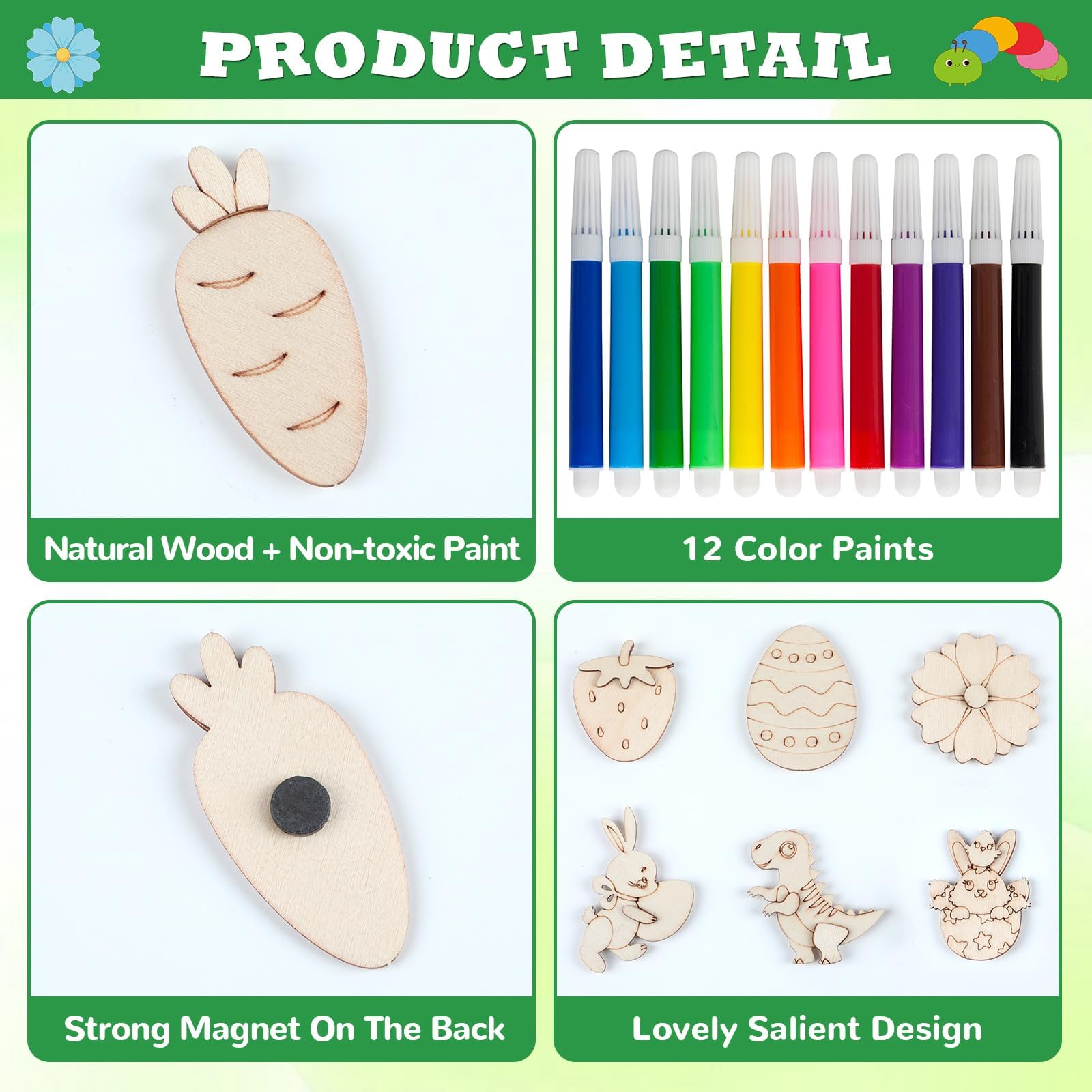 36 Pcs Easter Wooden Magnet Painting Craft Kit for Kids Ages 4-12 - DIY Spring Arts & Crafts Supplies with Wooden Magnets - Creative Easter Party Favors, Birthday Gifts, Classroom Activities & Holiday Decor