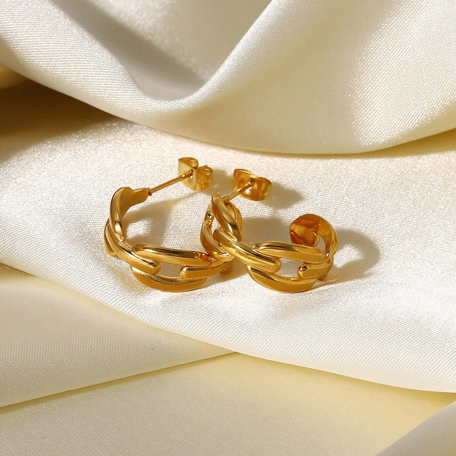 18K Gold Plated Hollow Connected Chain C Hoop Earrings & Ring Set - Trendy Jewelry for Women | Perfect for Parties, Weddings & Everyday Wear | JDE835