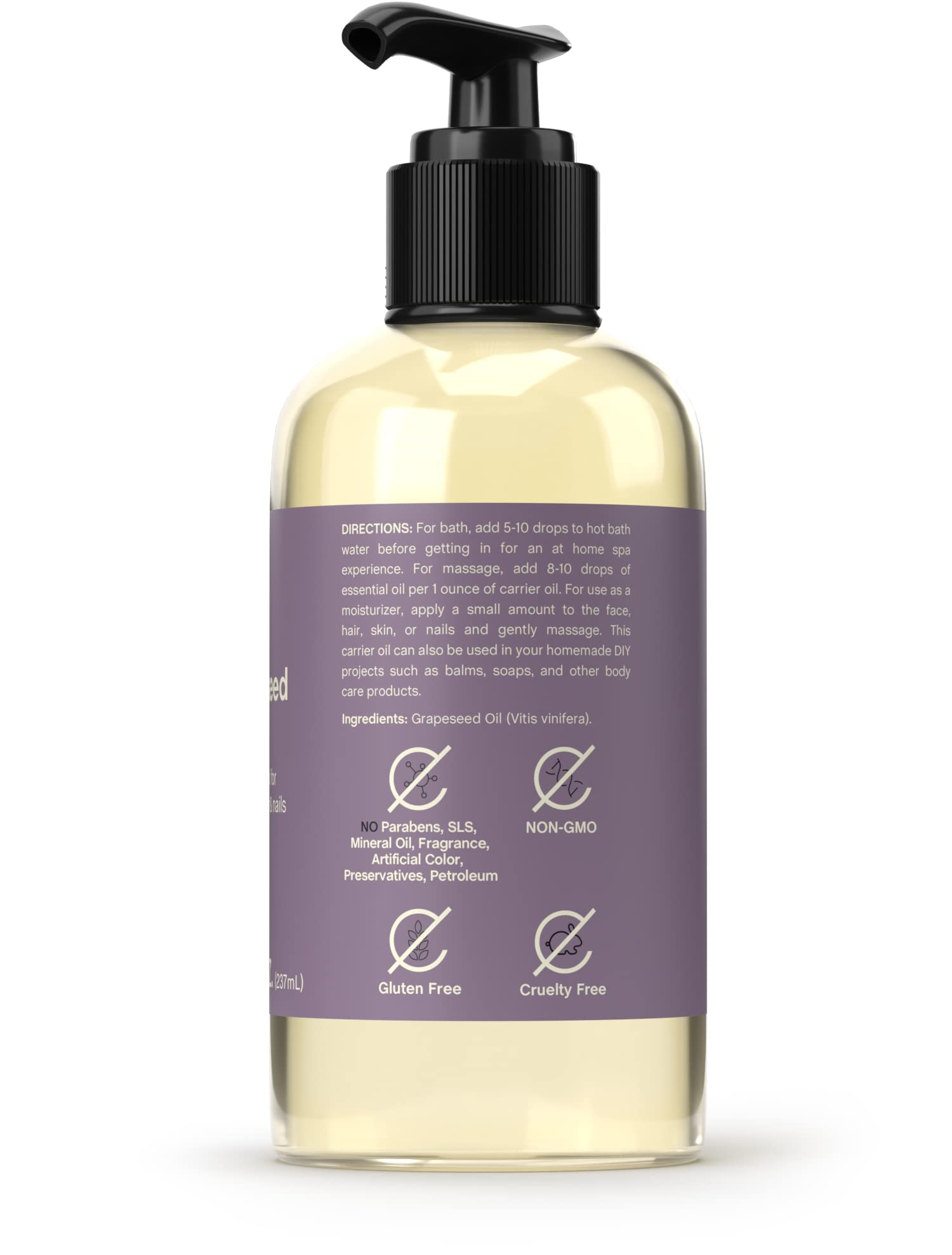 Organic Cold-Pressed Grapeseed Oil - 8 fl oz | Natural Moisturizer for Face, Hair, Skin & Nails | Paraben-Free, SLS-Free, Fragrance-Free | Perfect for Massage, DIY Beauty & Cooking